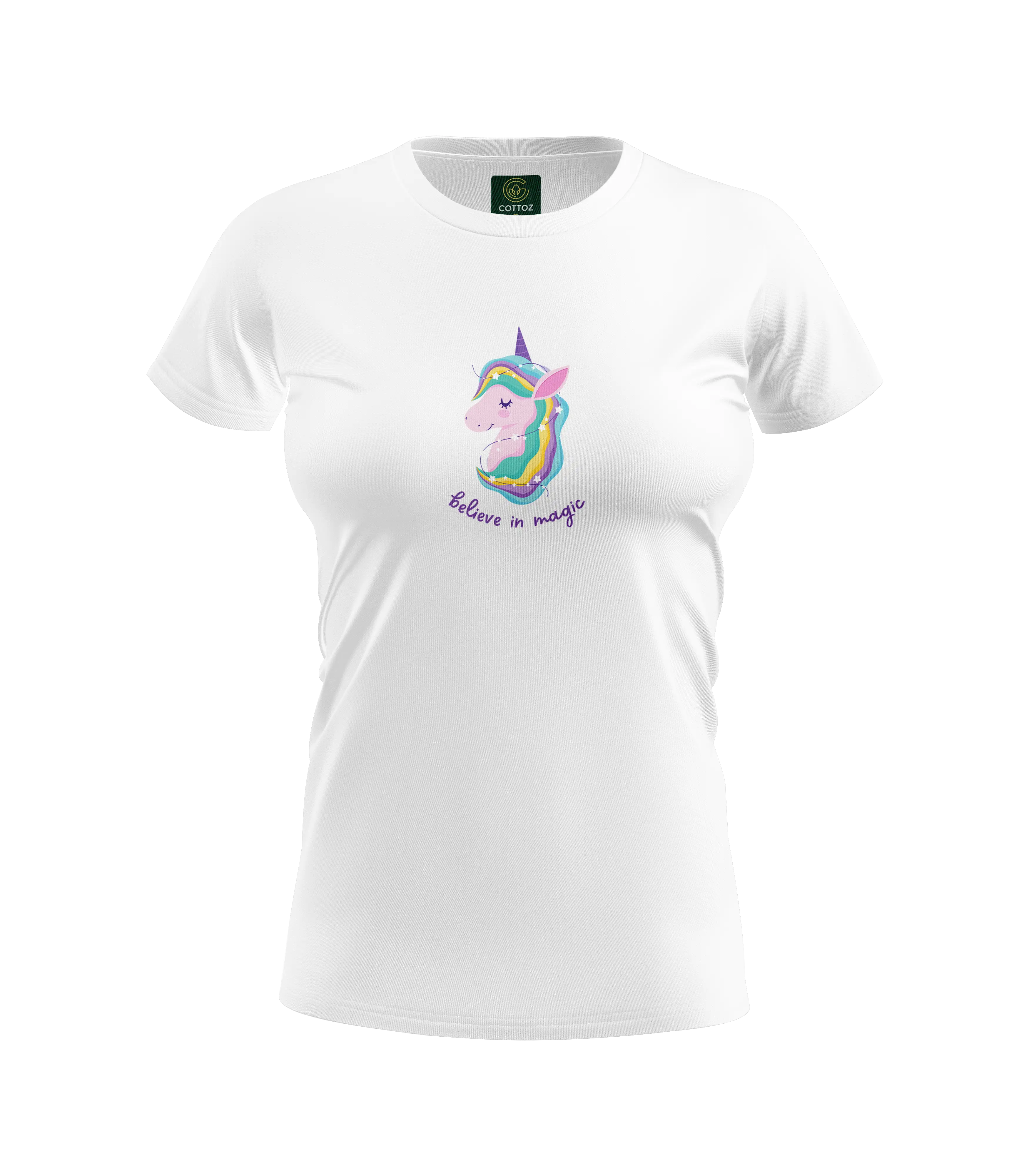 White t-shirt with a unicorn graphic and 'believe in magic' text on a white background