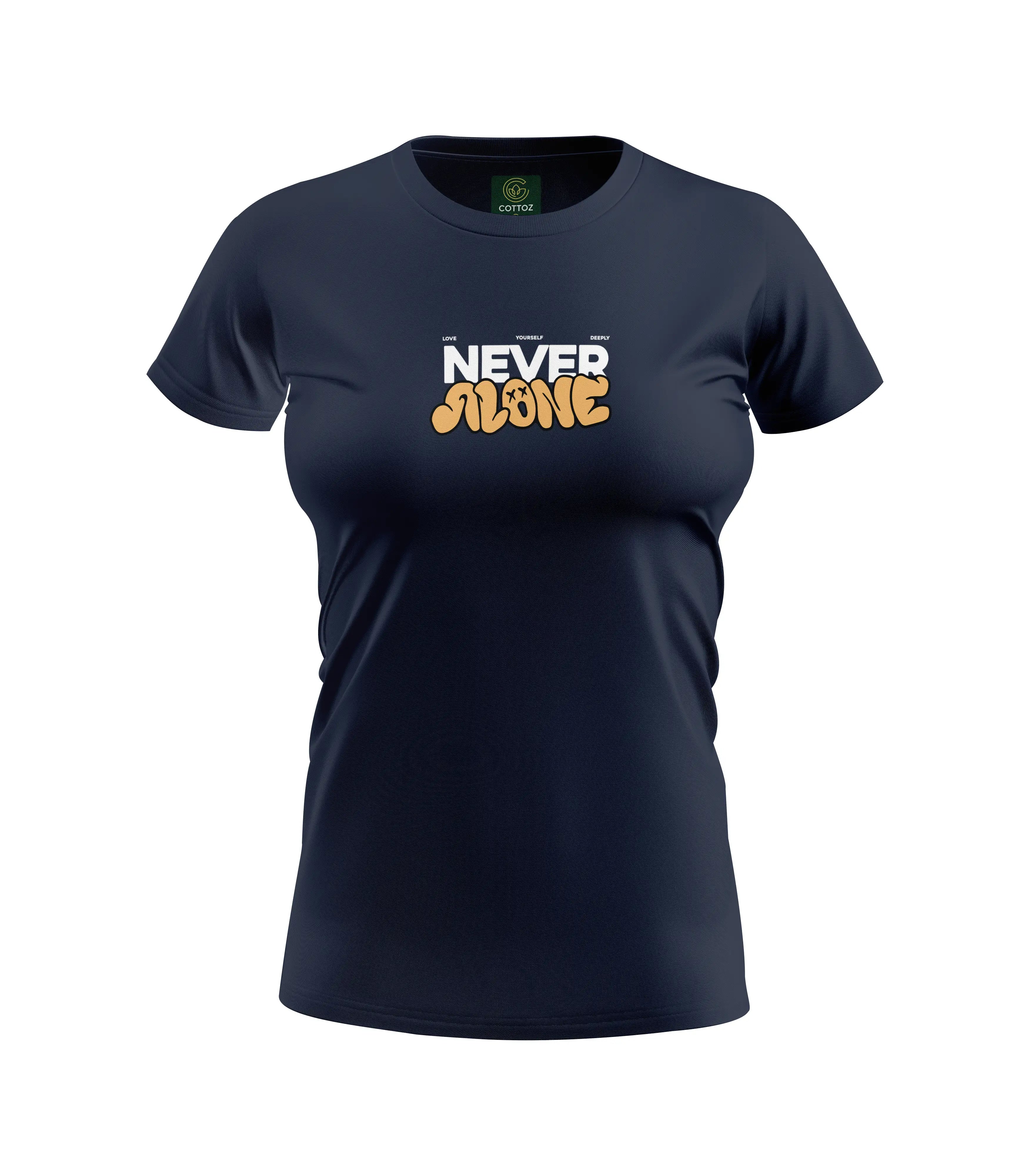Navy blue t-shirt with 'Never Alone' text on a white background