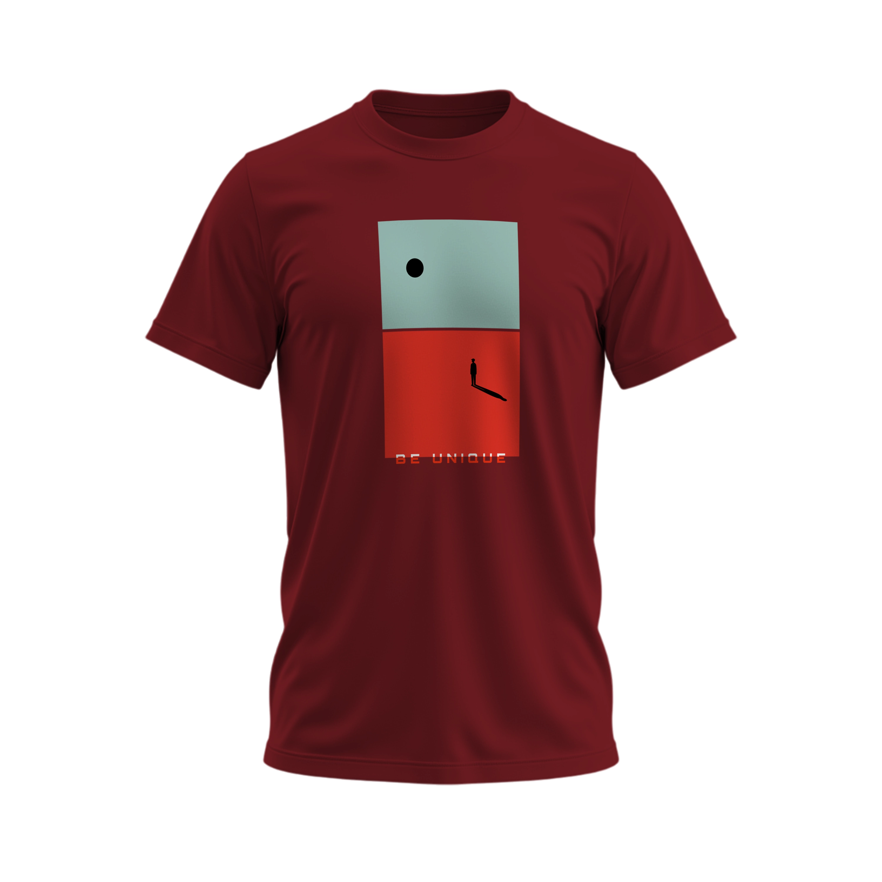 Red t-shirt with a graphic design on a white background