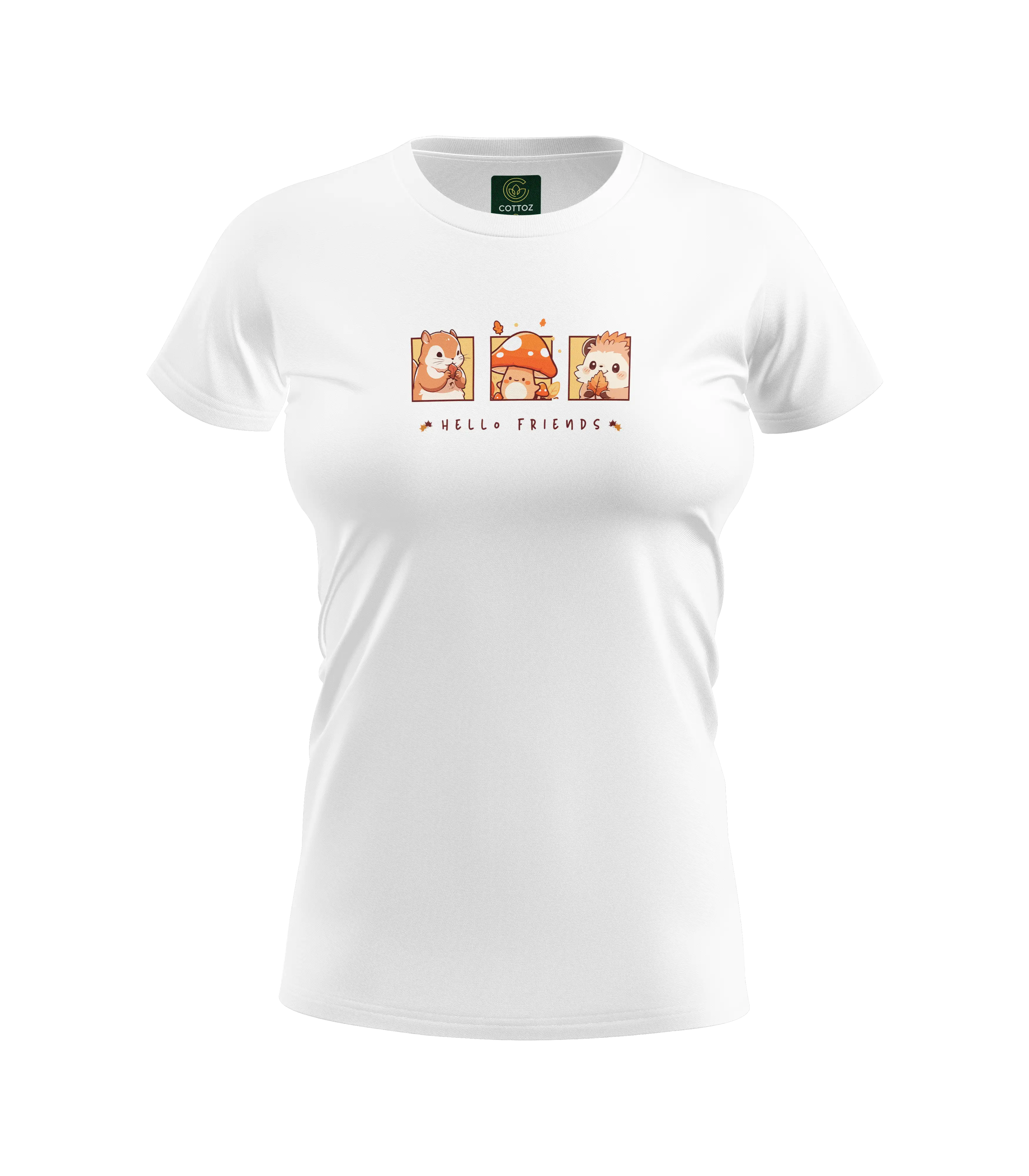 White t-shirt with cartoon character design on a white background
