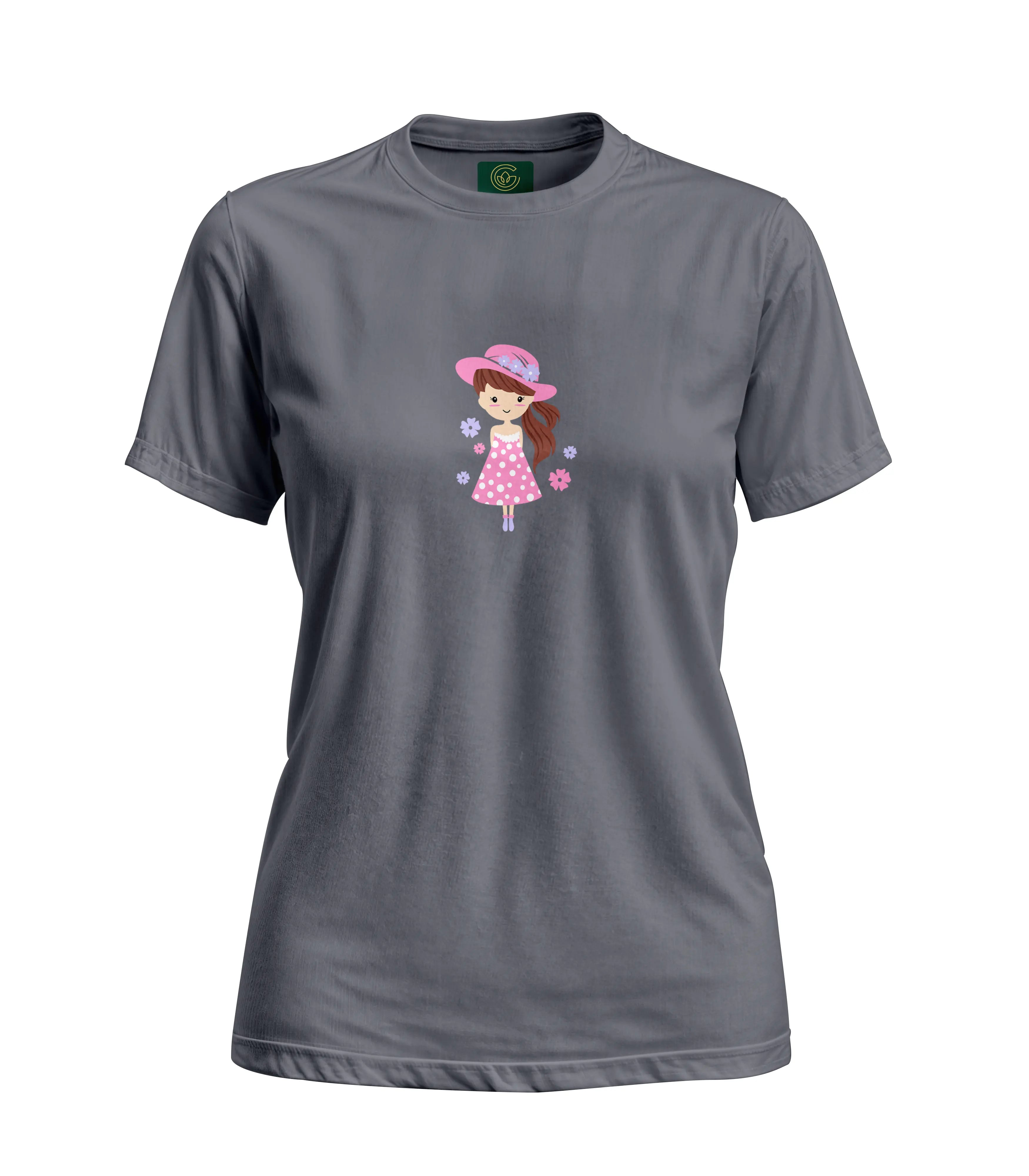 Gray t-shirt with a cartoon girl design on a white background