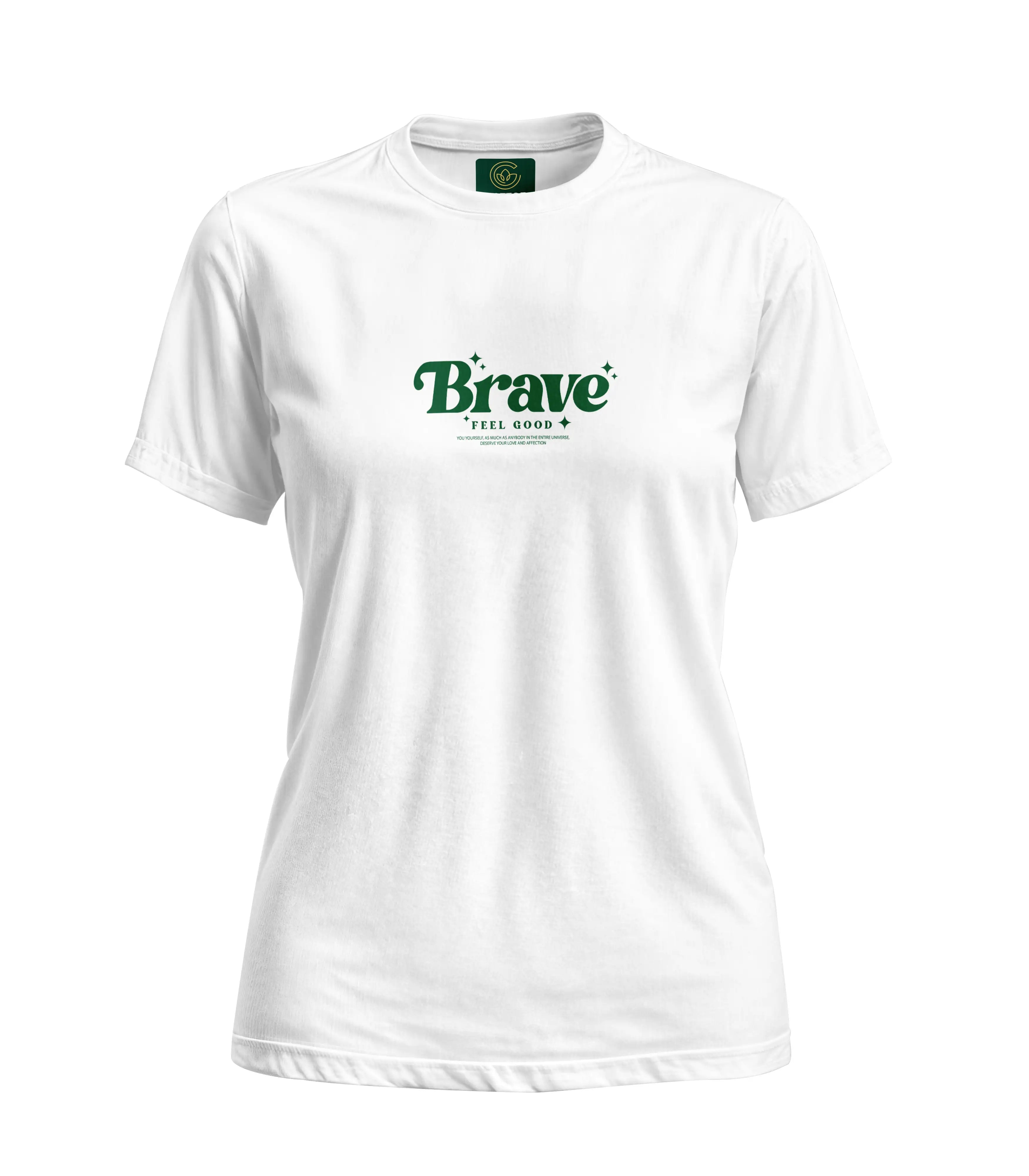 White t-shirt with 'Brave' logo on a white background