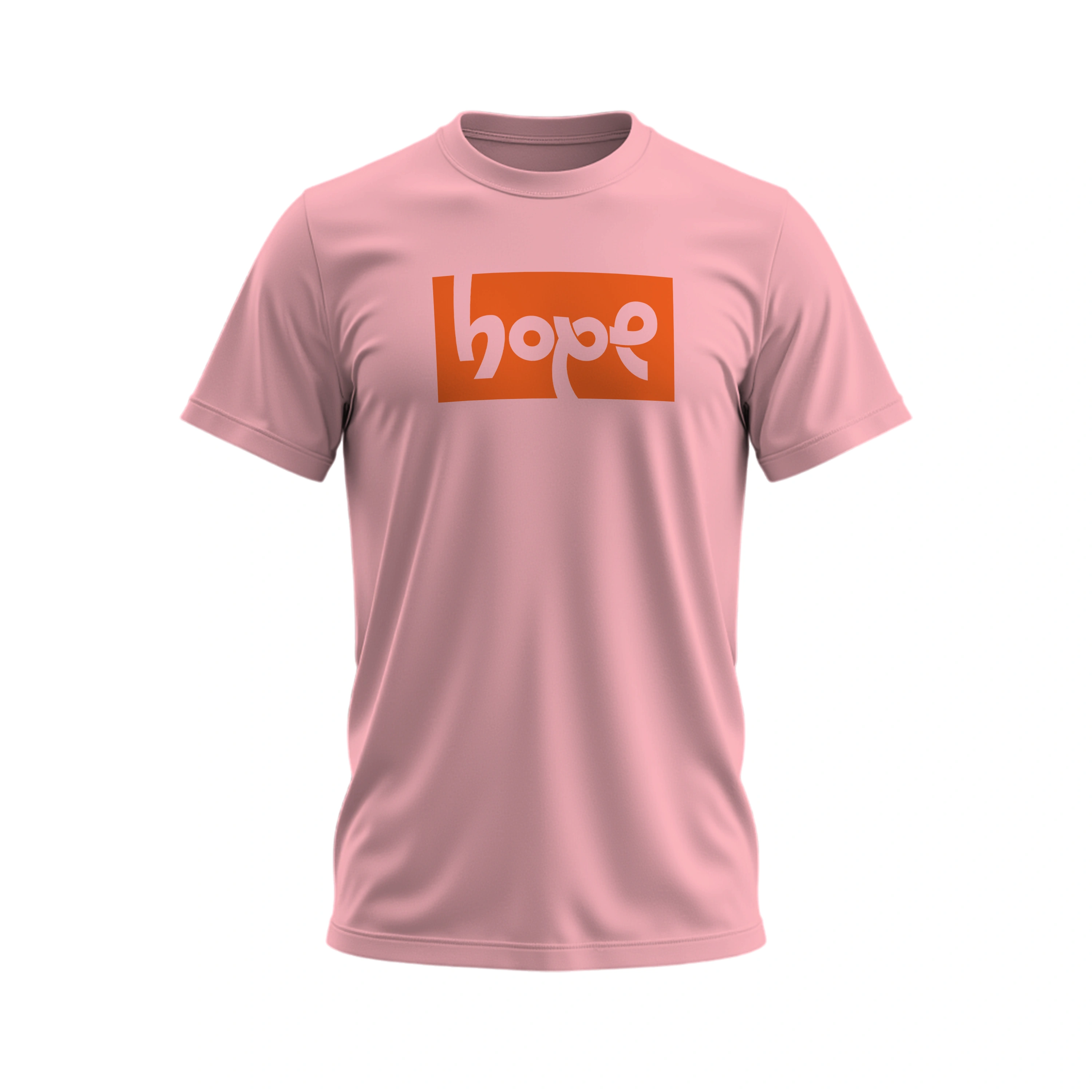 Pink t-shirt with an orange 'hope' logo on a white background
