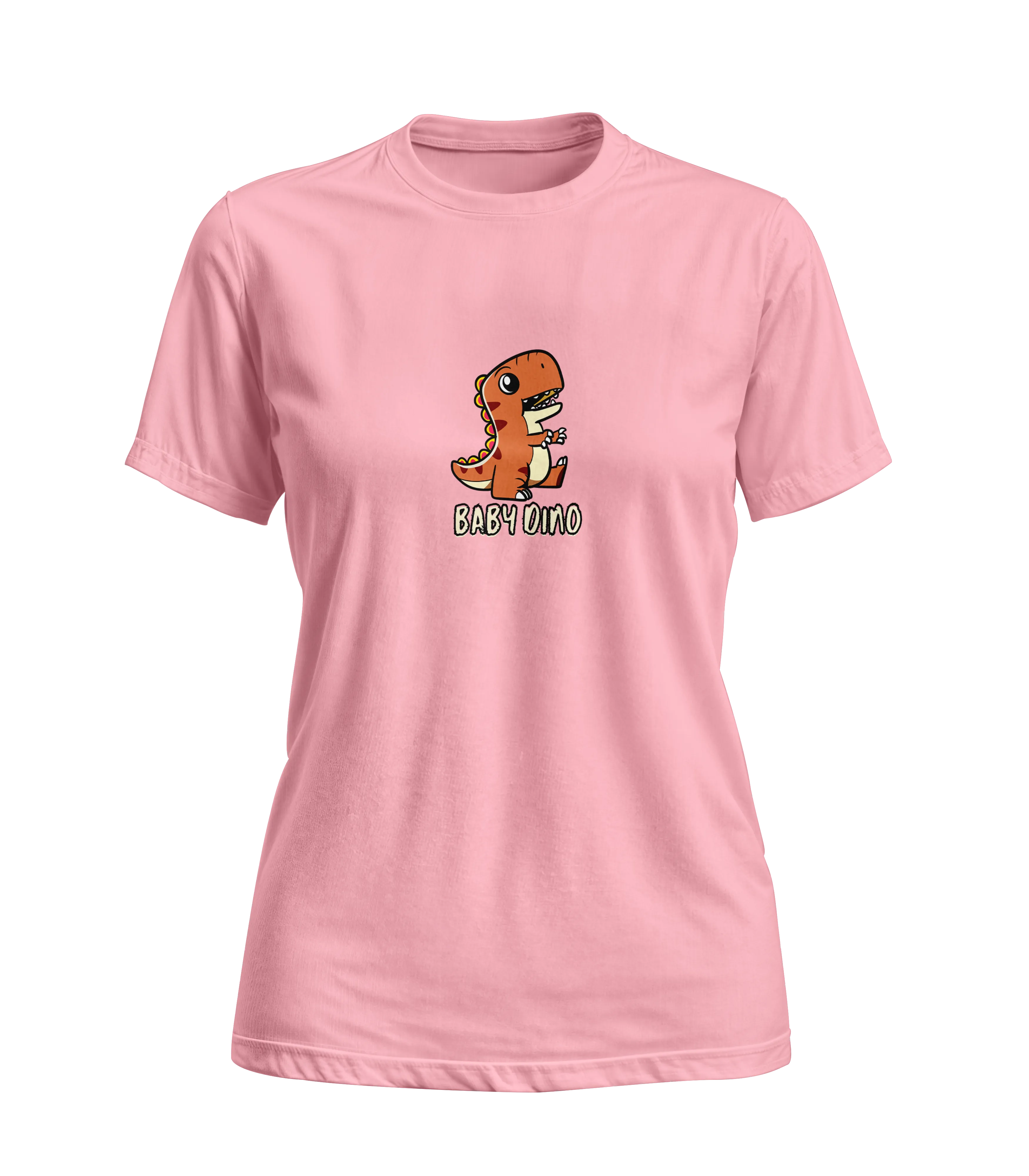 Pink t-shirt with a cartoon dinosaur design on a white background
