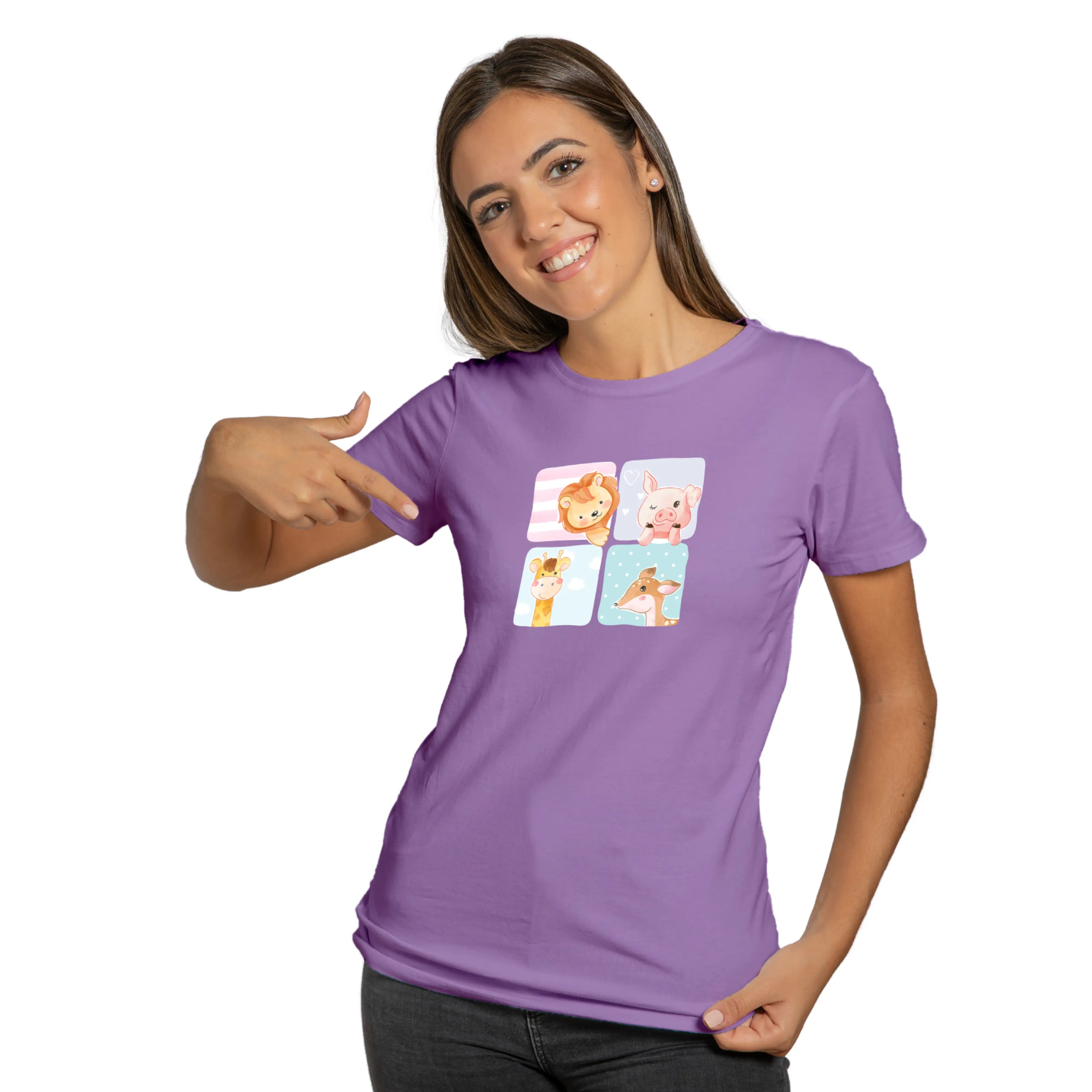 Woman wearing a purple t-shirt with cartoon designs on a white background