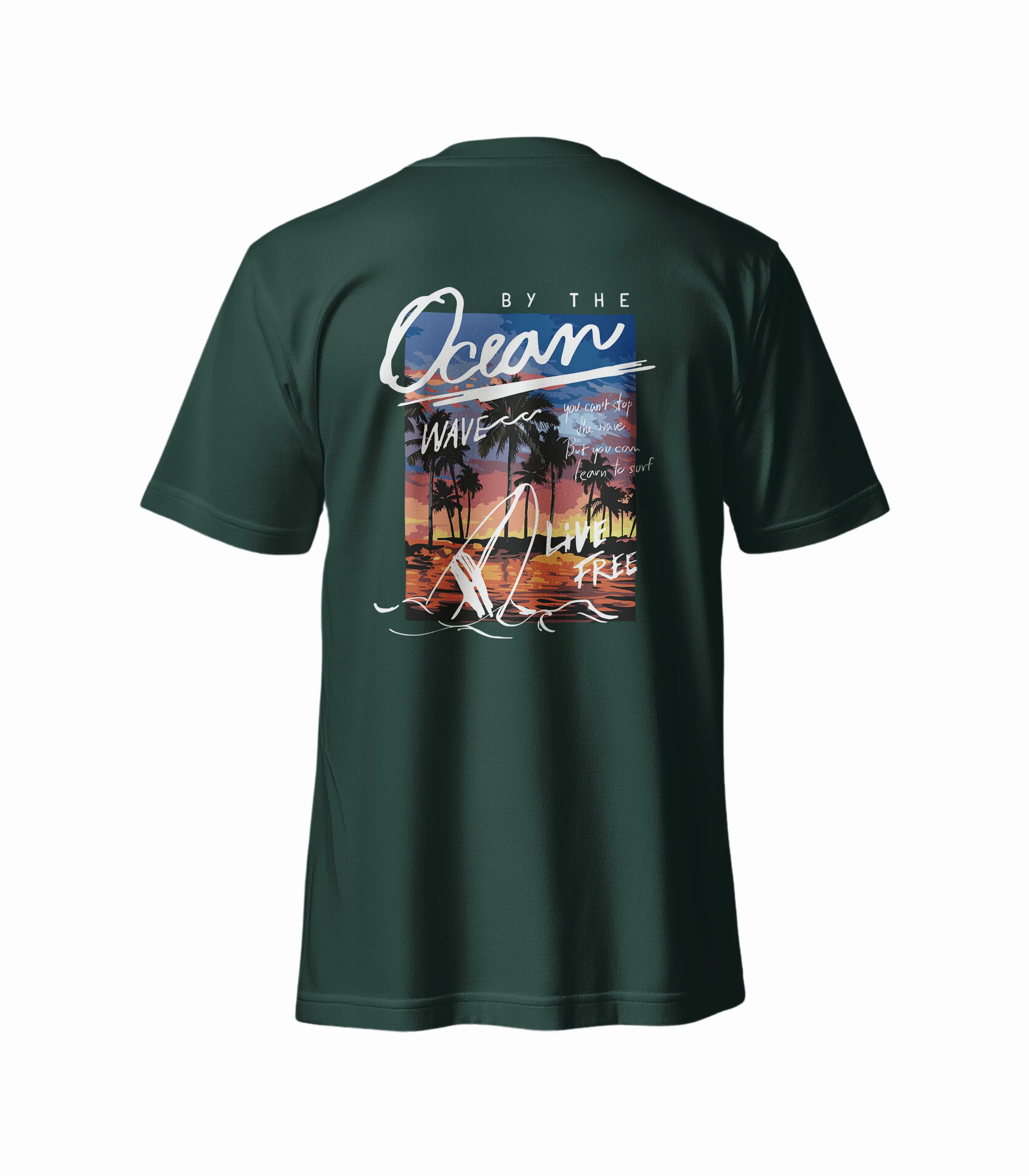 Green t-shirt with a beach-themed graphic on the back, featuring palm trees and a sunset.