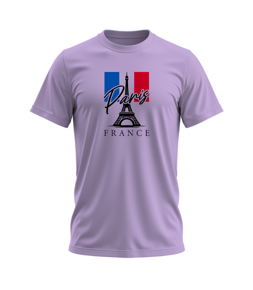 Purple t-shirt with Paris and France design on a white background