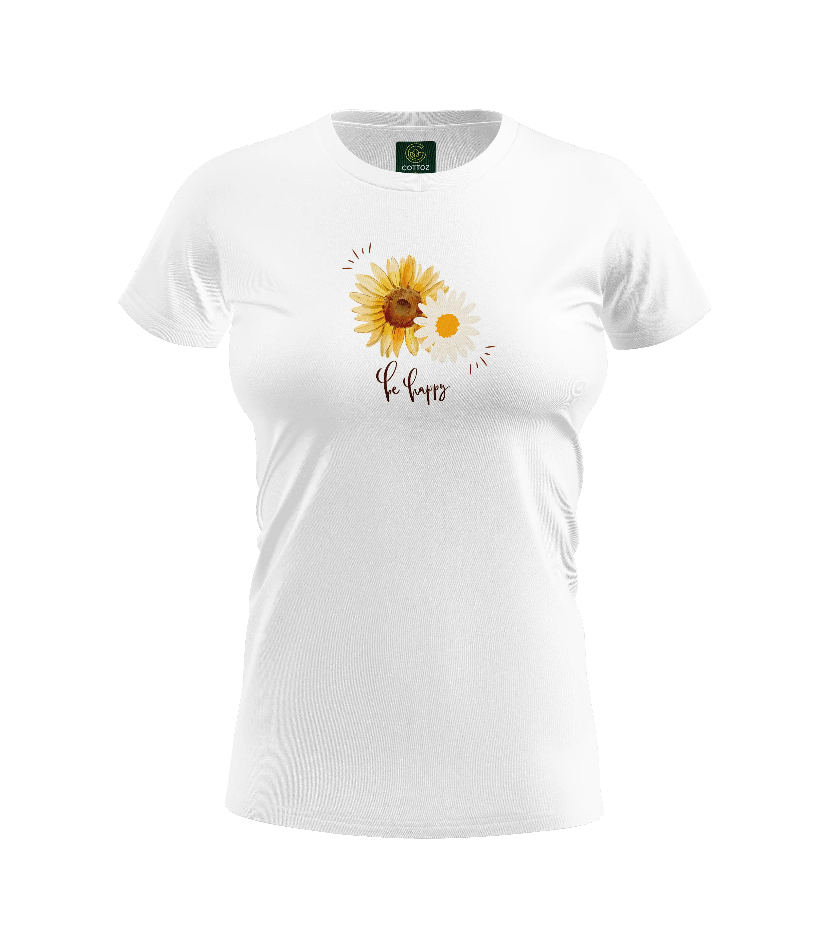 White t-shirt with sunflower design and text on a white background