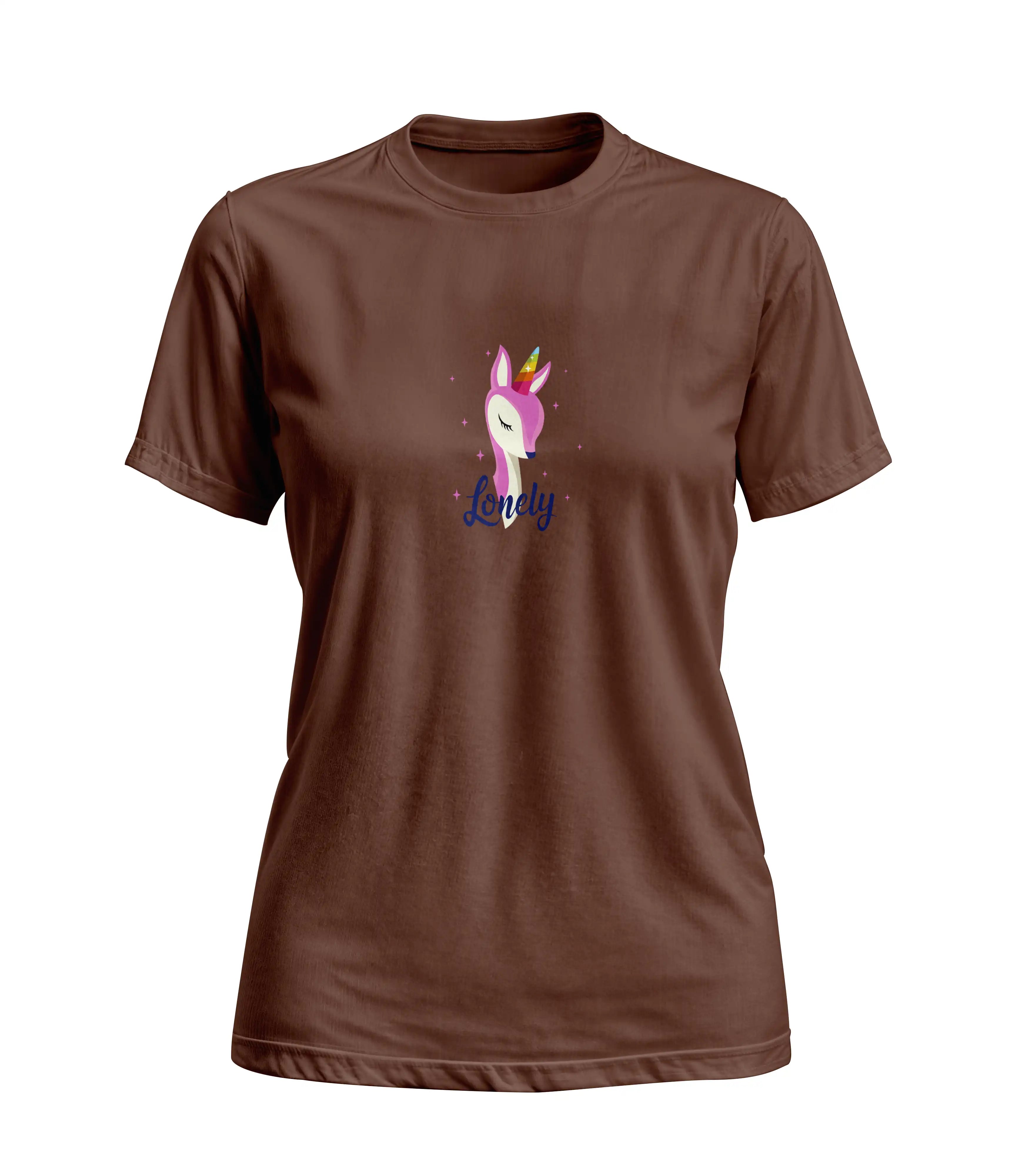 Brown t-shirt with a unicorn graphic and text on a white background