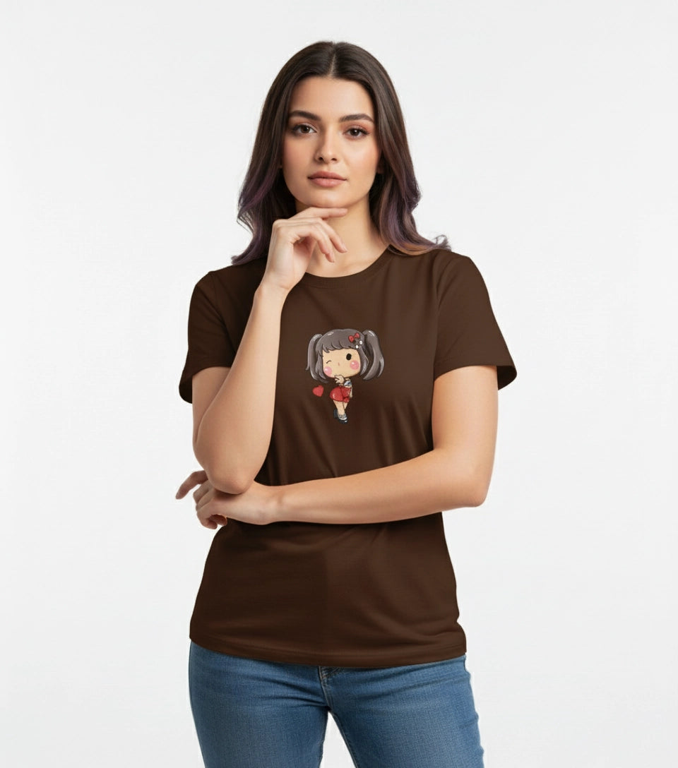 Woman wearing a brown t-shirt with a graphic design on a white background