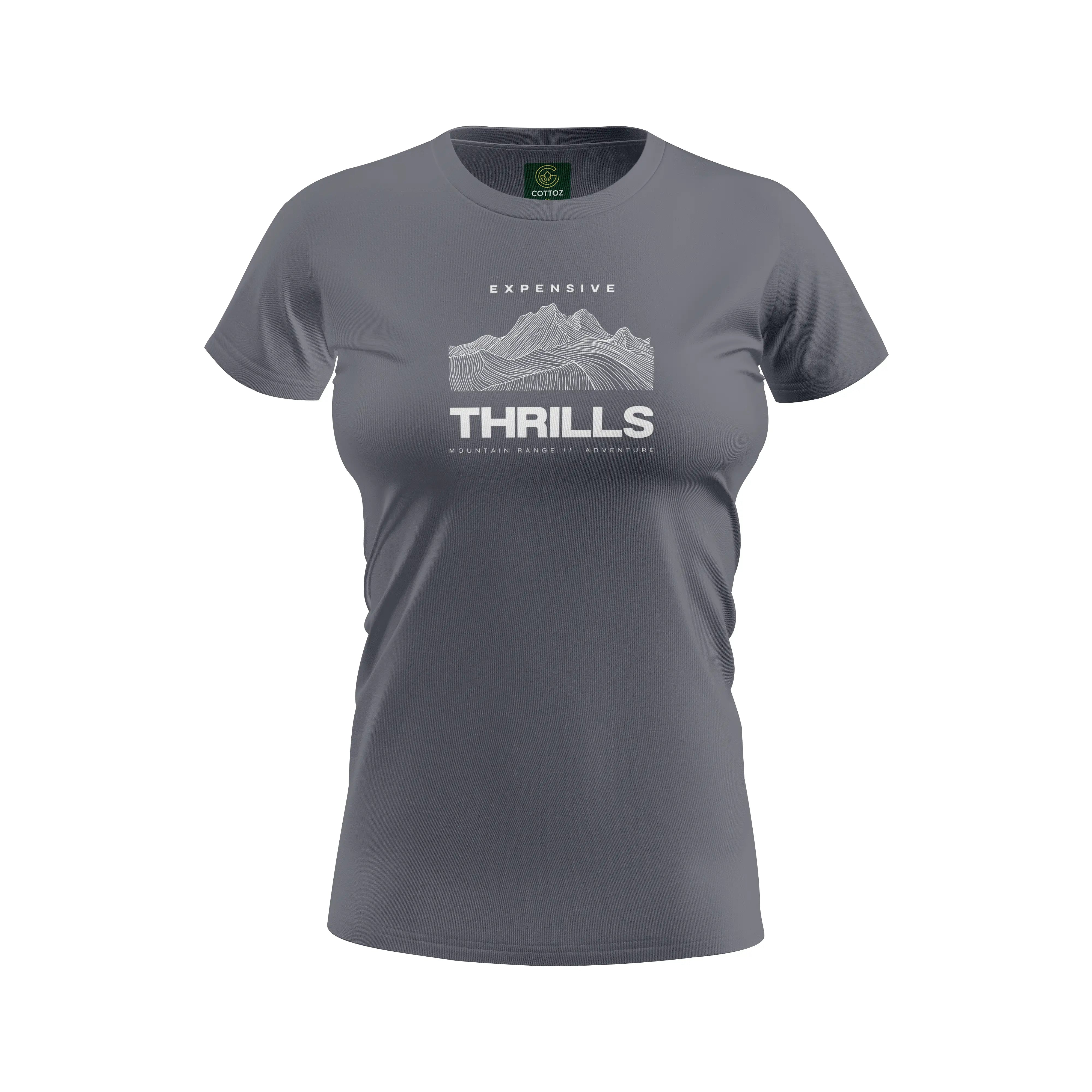 Gray t-shirt with 'Expensive Thrills' graphic design on a white background