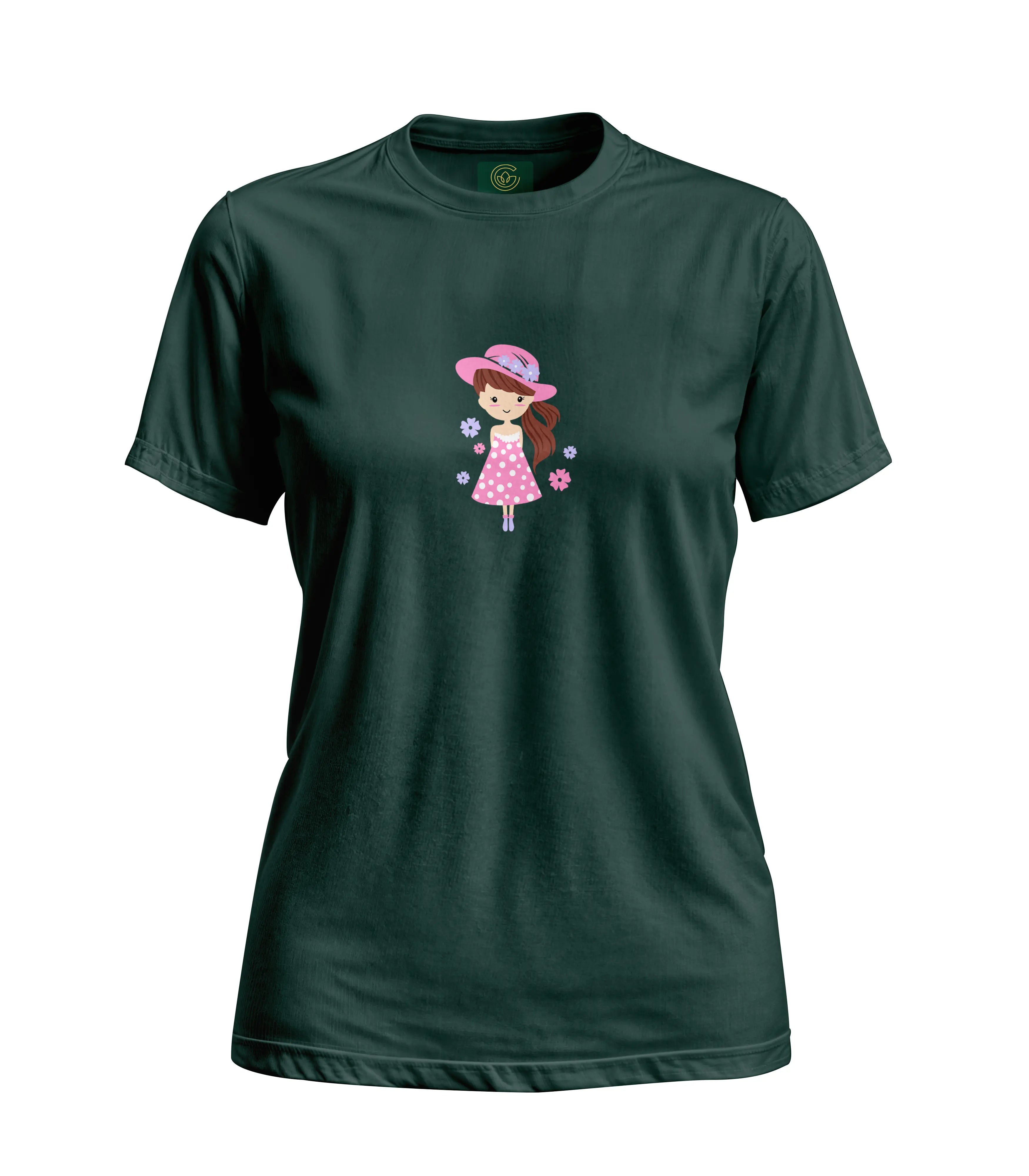 Green t-shirt with a girl in a pink dress and hat design on a white background