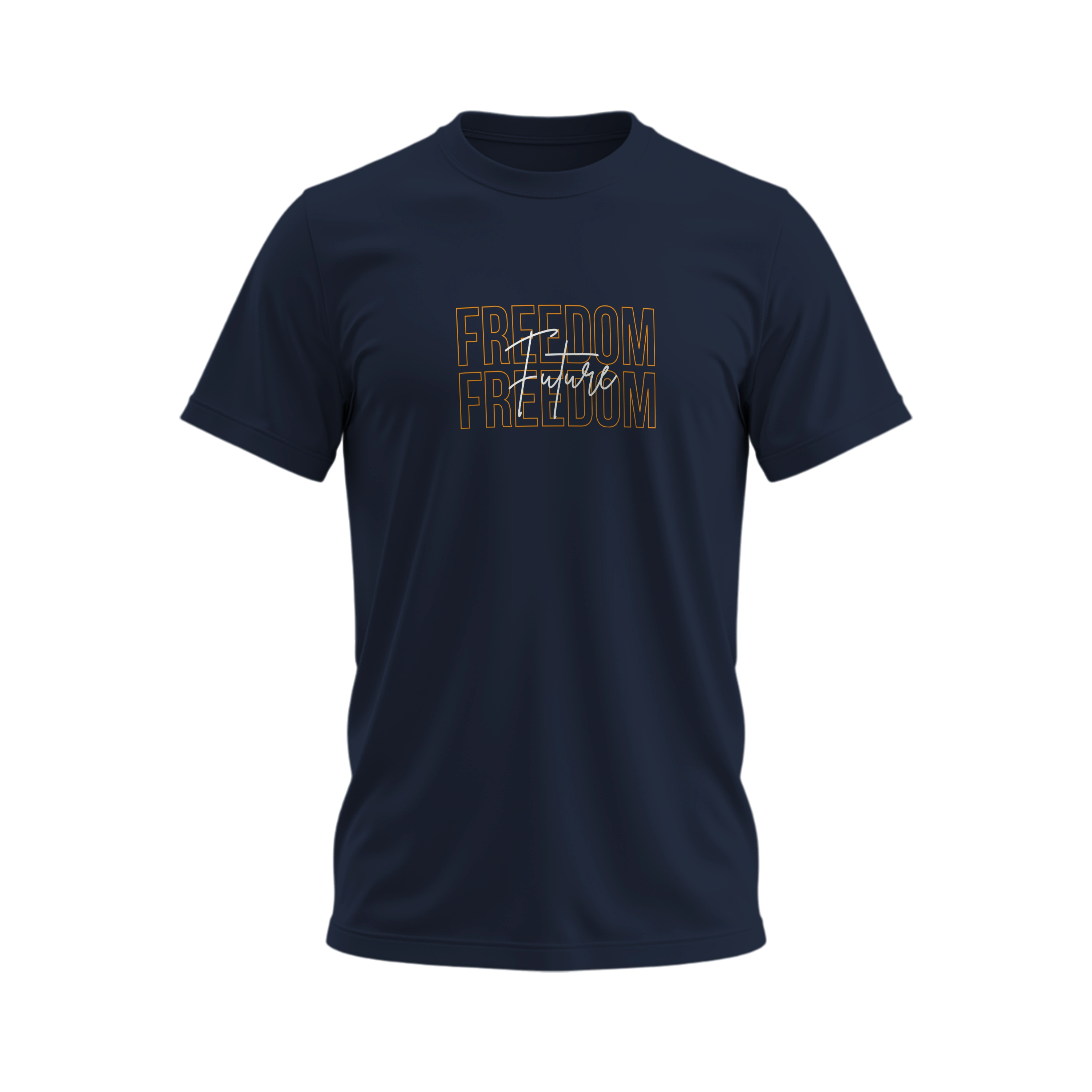 Navy blue t-shirt with 'Freedom' text design on a white background
