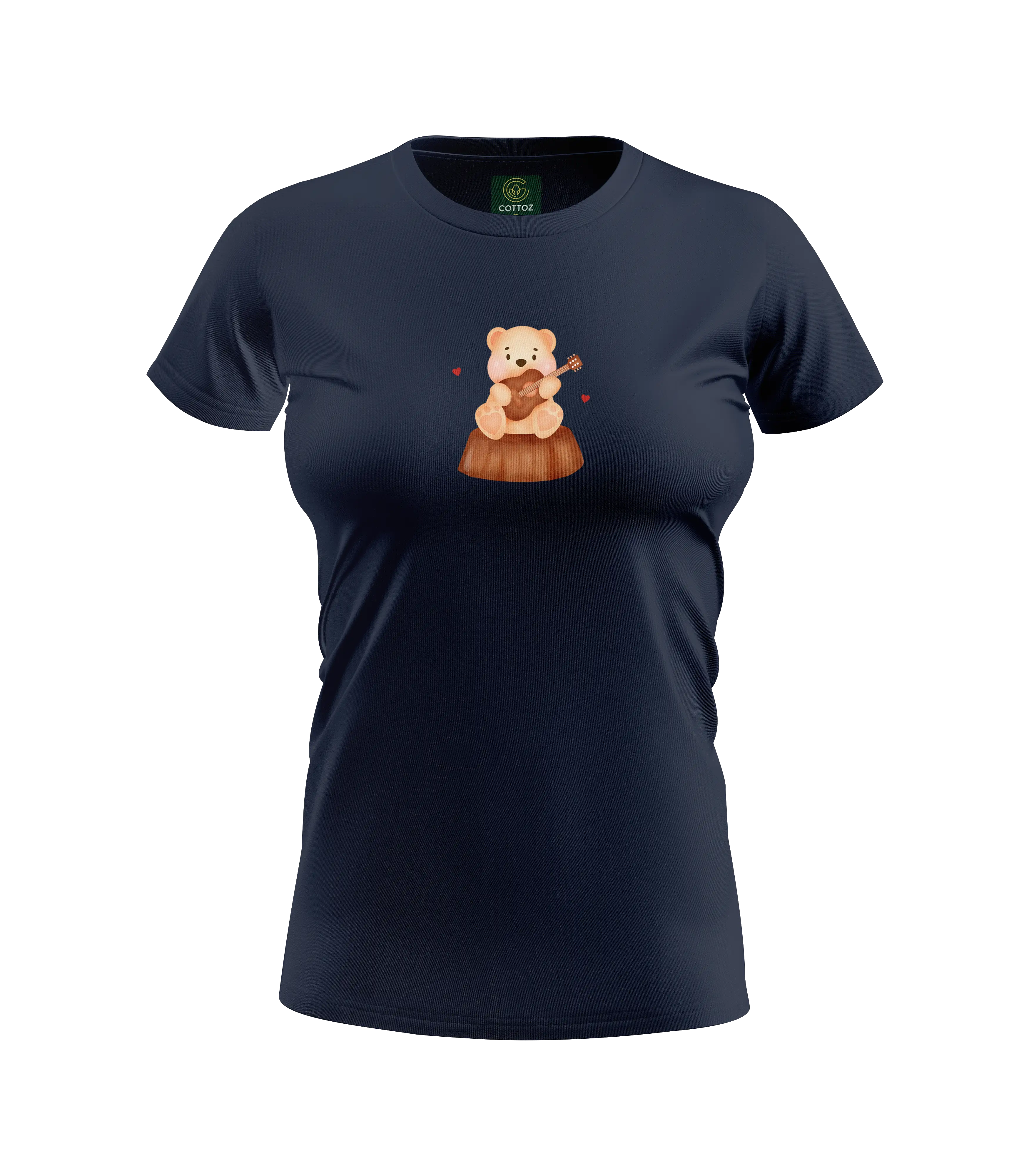 Navy blue t-shirt with a teddy bear playing a guitar graphic on a white background