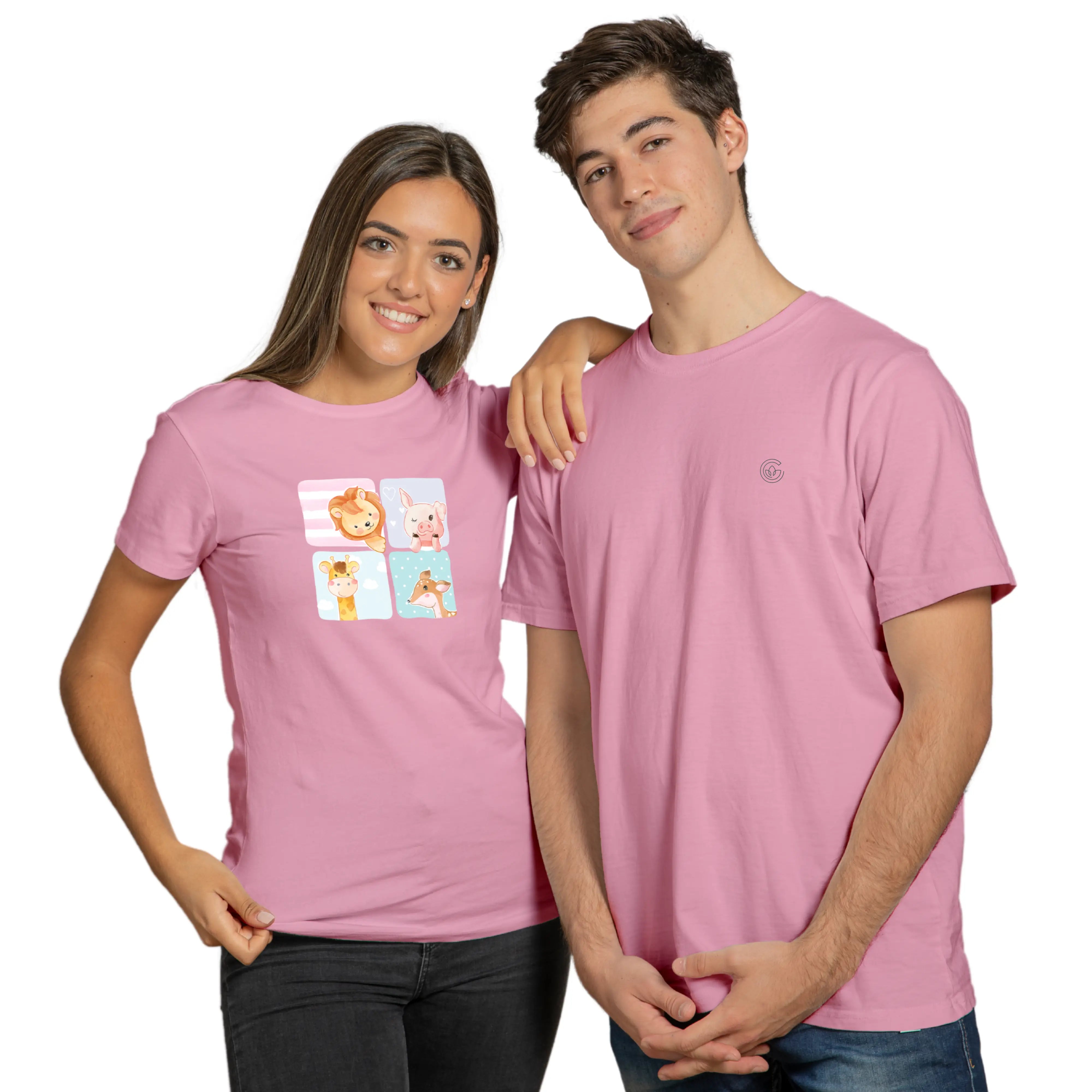Two people wearing pink t-shirts with cartoon designs on a white background