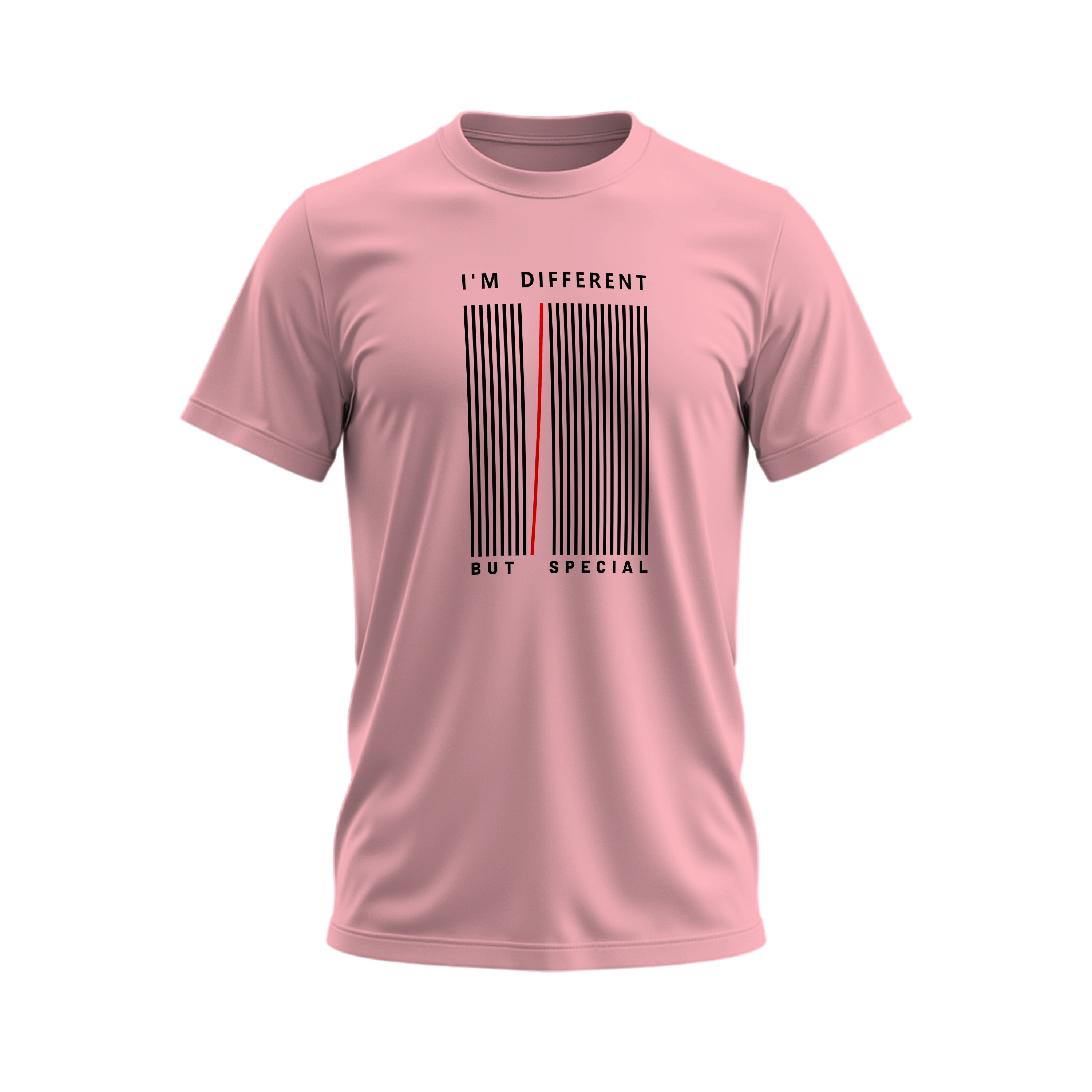 Pink t-shirt with a barcode design and text on a white background