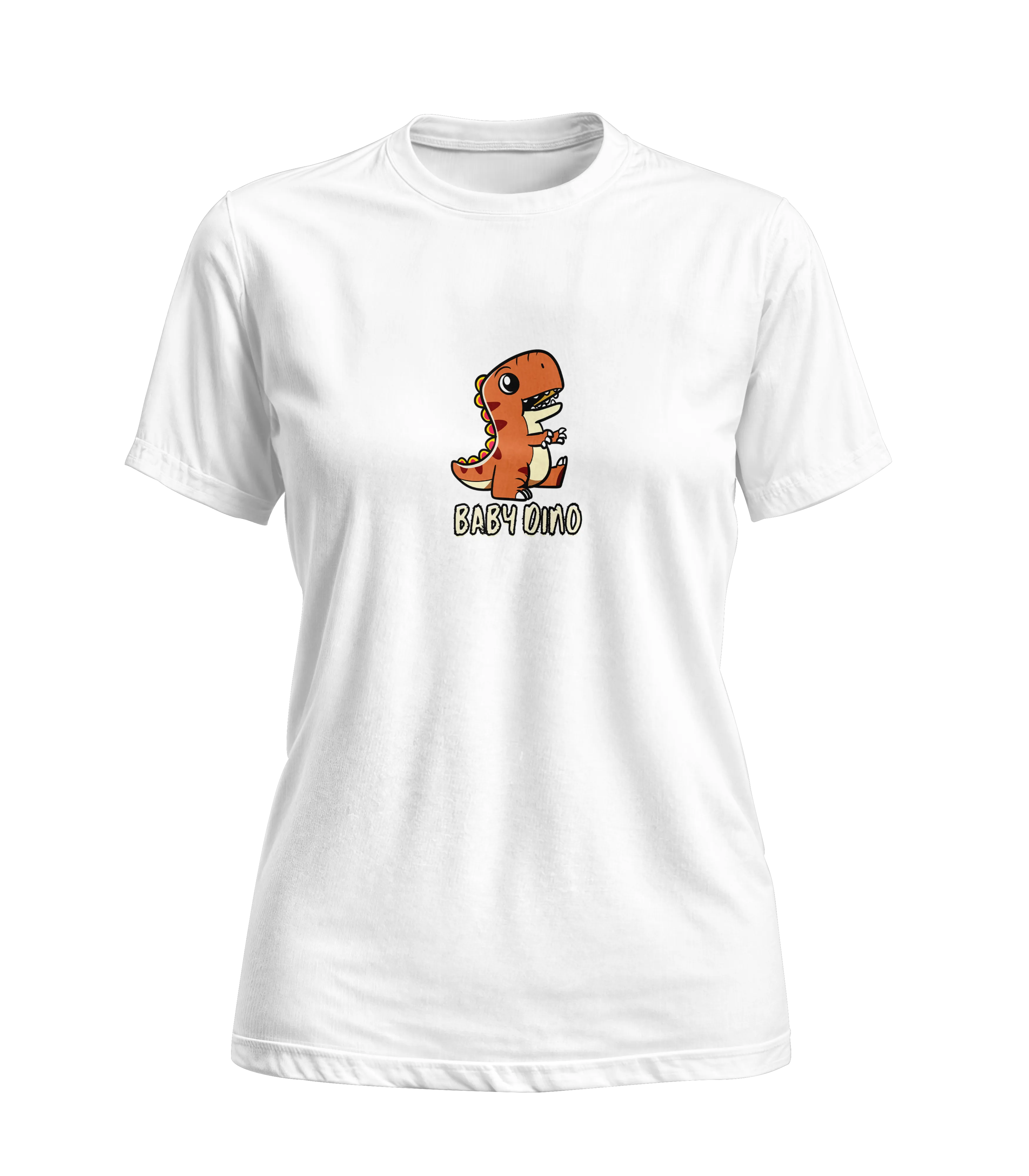 White t-shirt with a cartoon dinosaur design on a white background