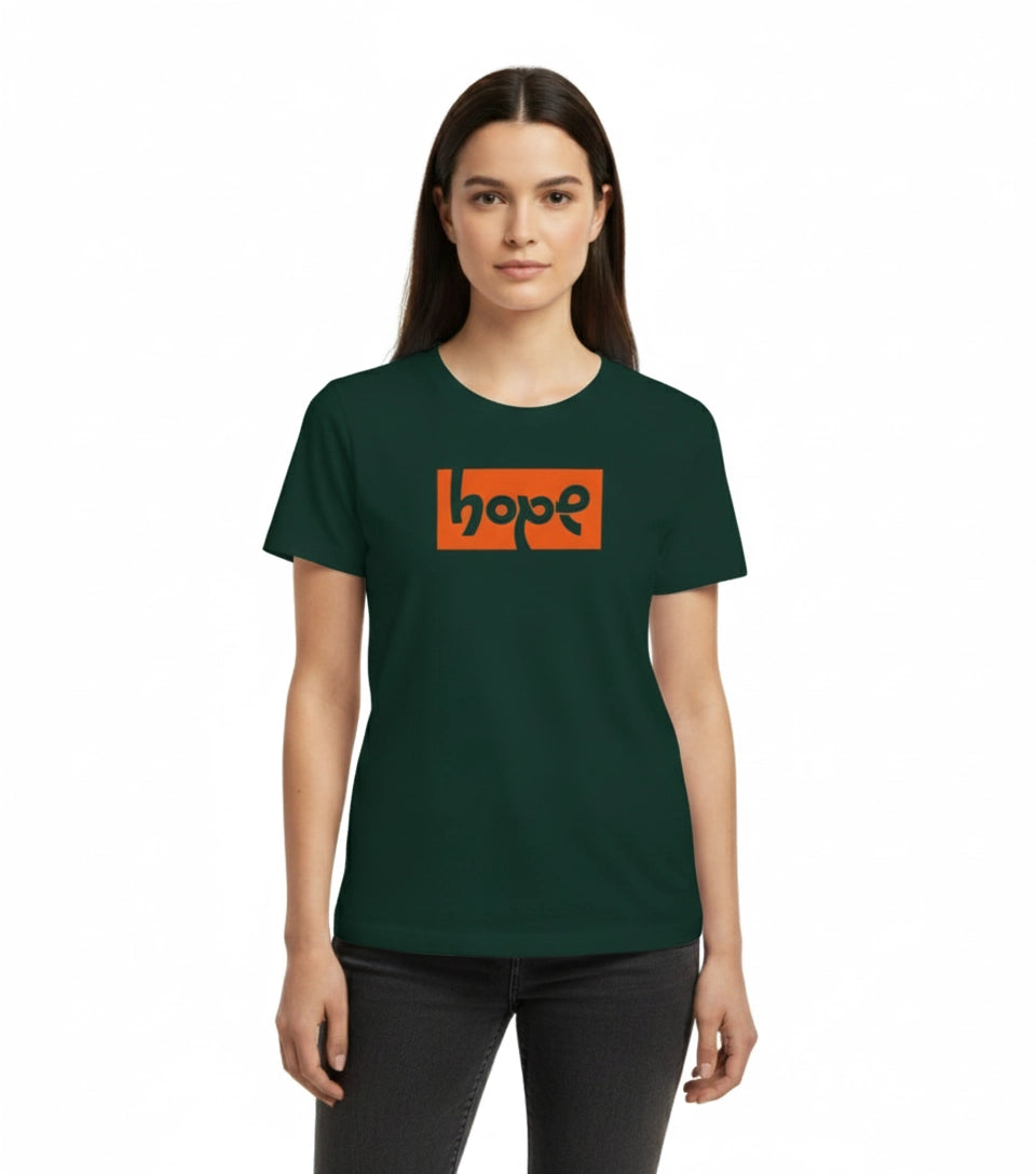 Woman wearing a green t-shirt with an orange 'hope' logo on a white background