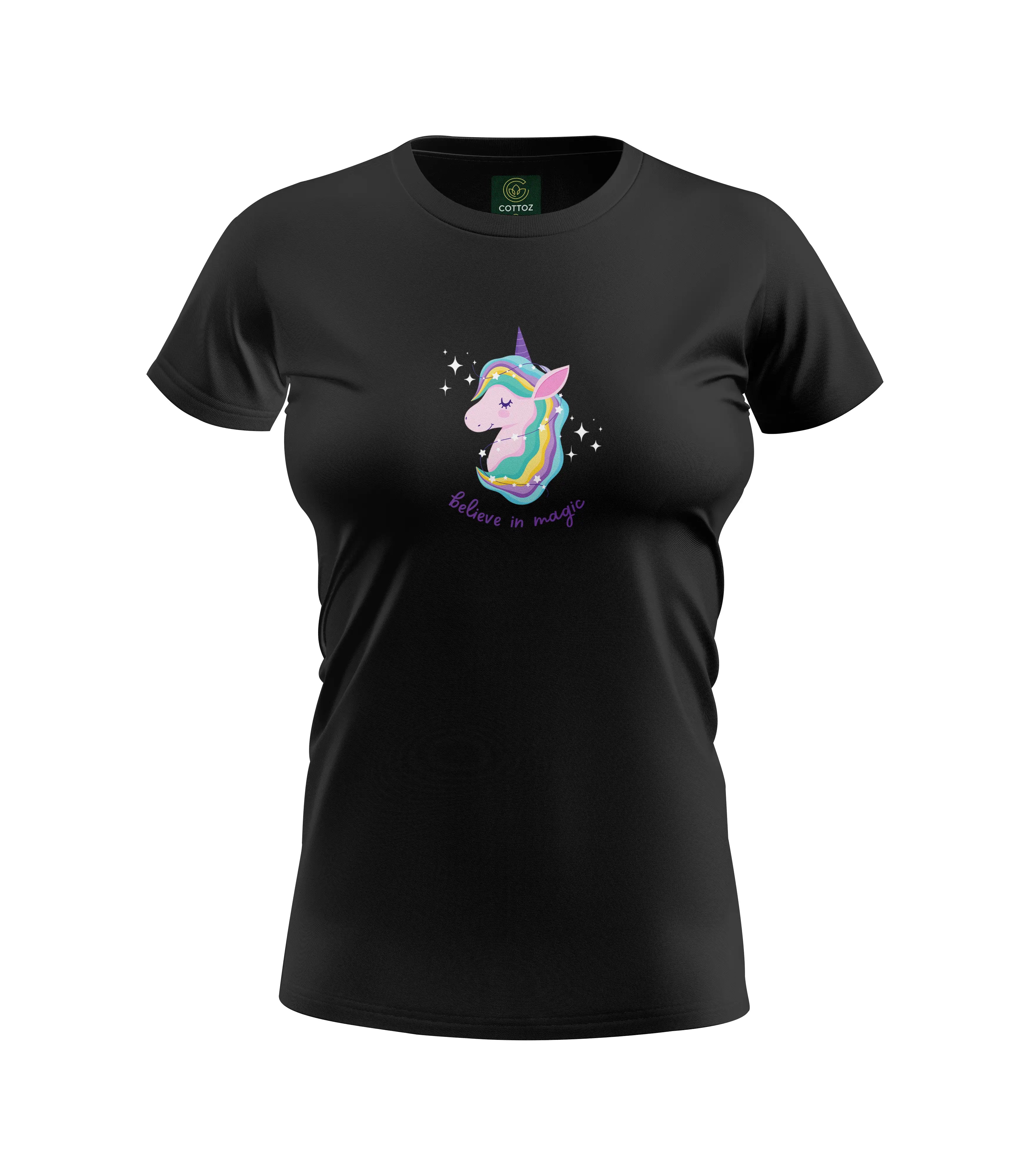 Black t-shirt with a colorful unicorn design on a white background