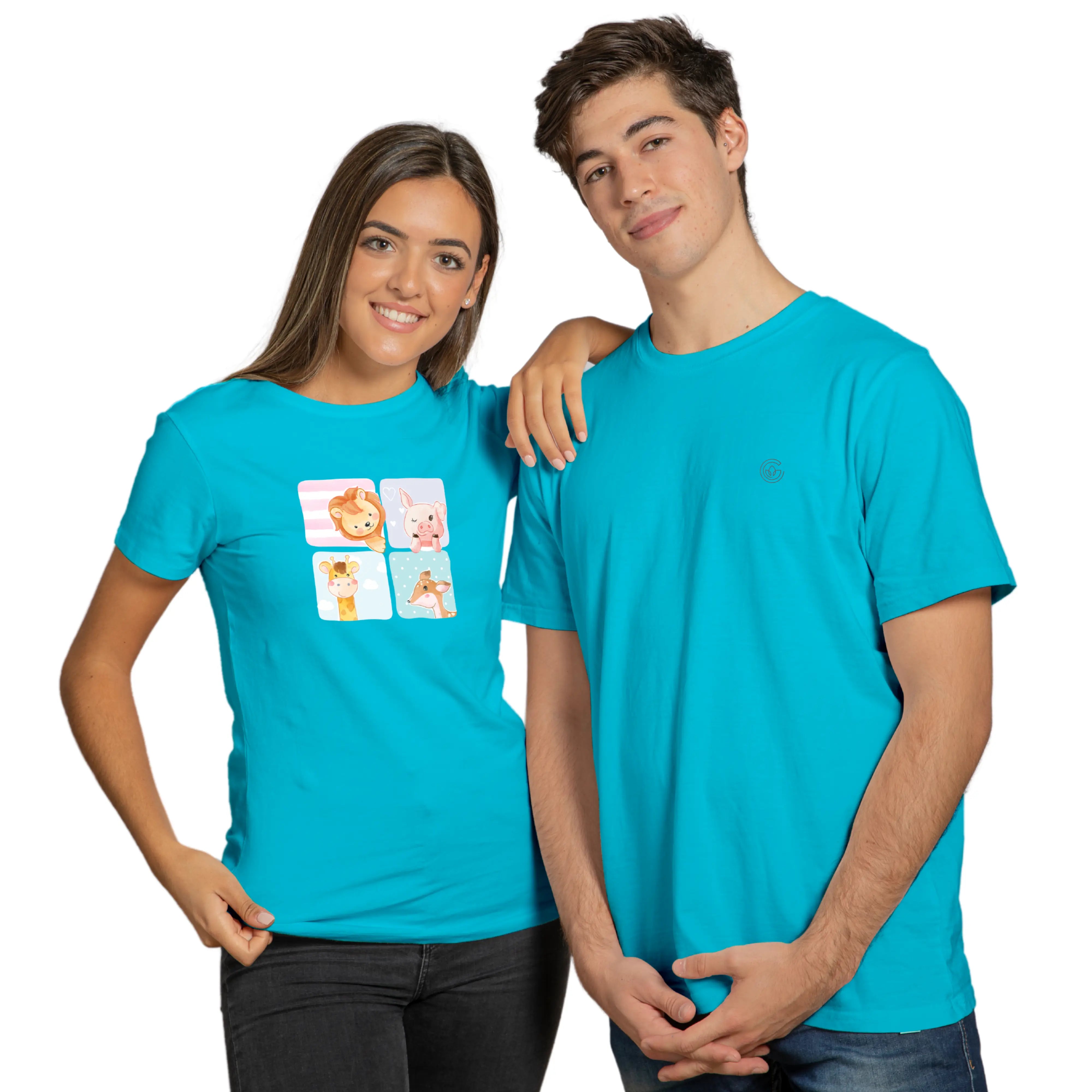 Two people wearing turquoise t-shirts on a white background