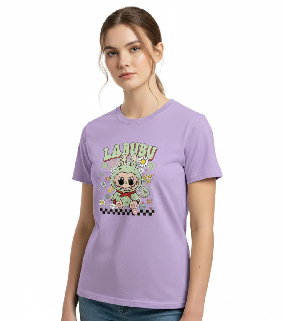Person wearing a purple t-shirt with a cartoon character and 'LABURU' text on a white background