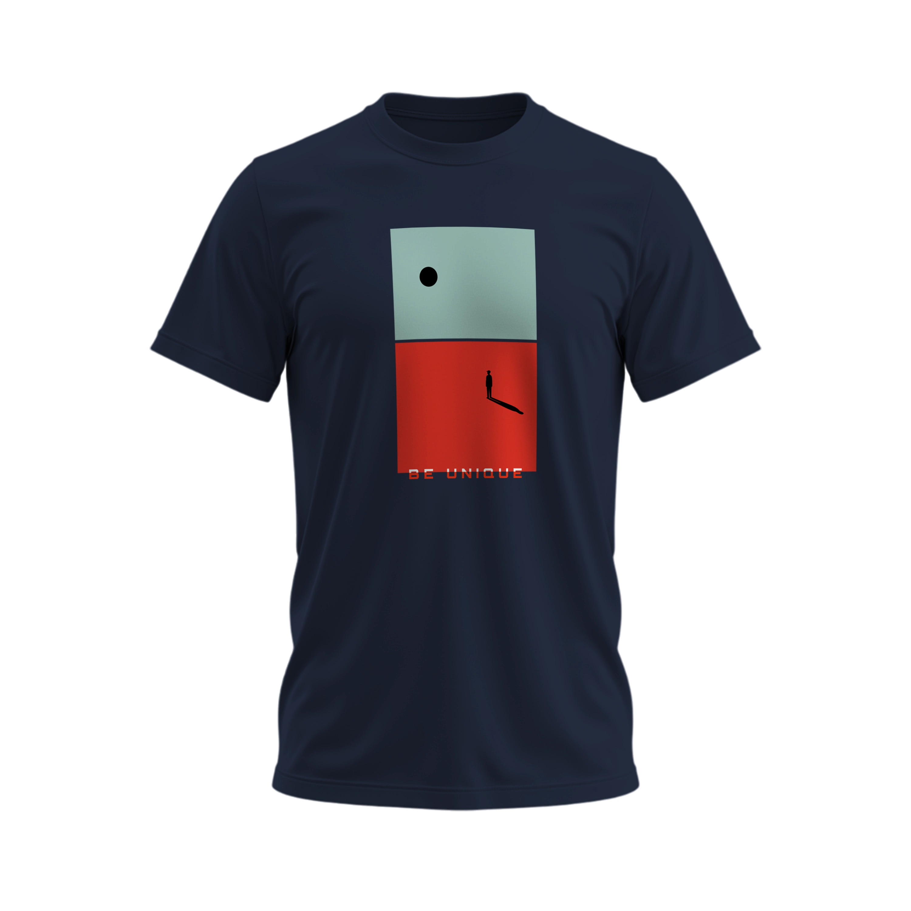 Navy blue t-shirt with a graphic design on a white background
