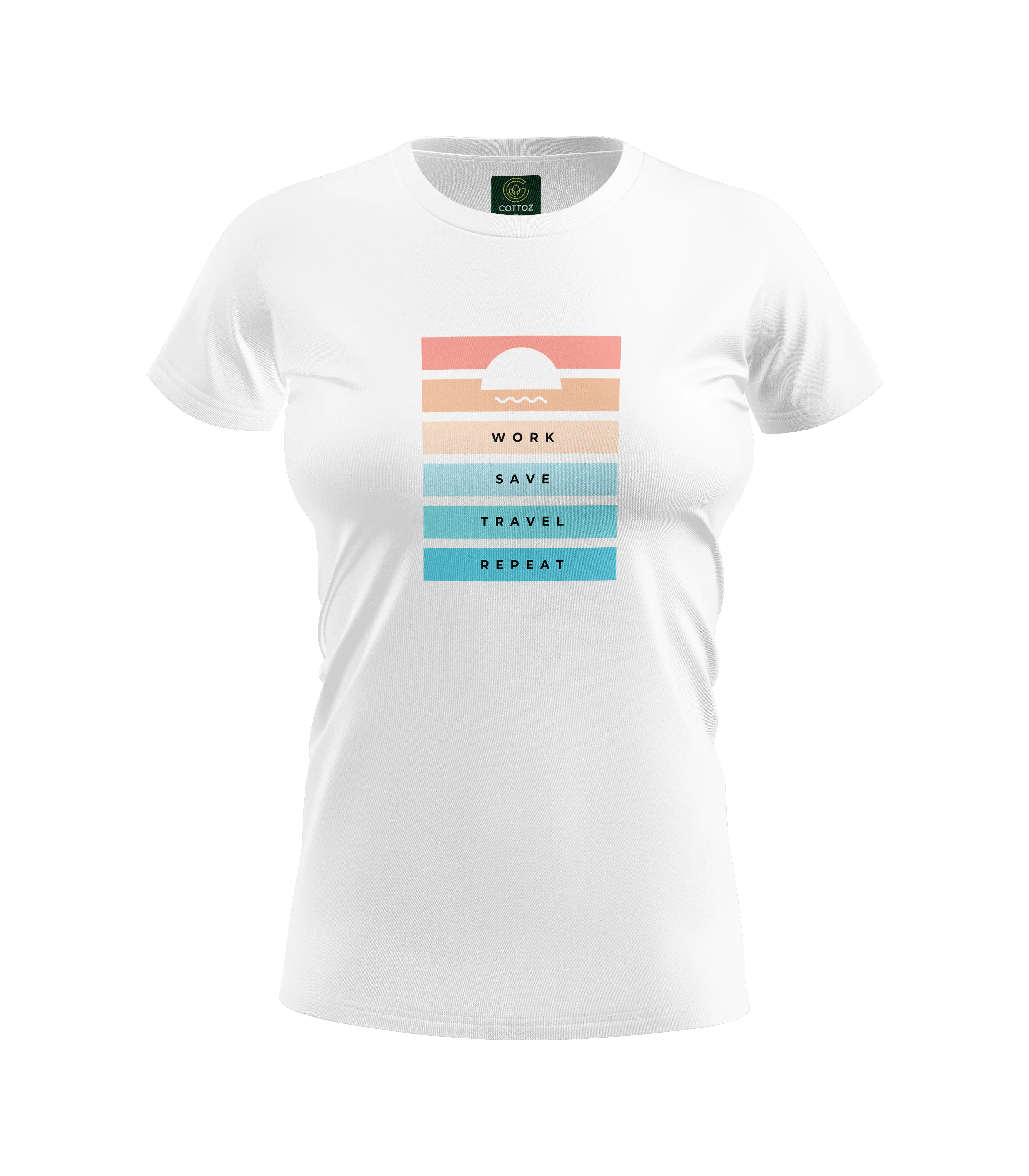 White t-shirt with colorful graphic and text on a white background