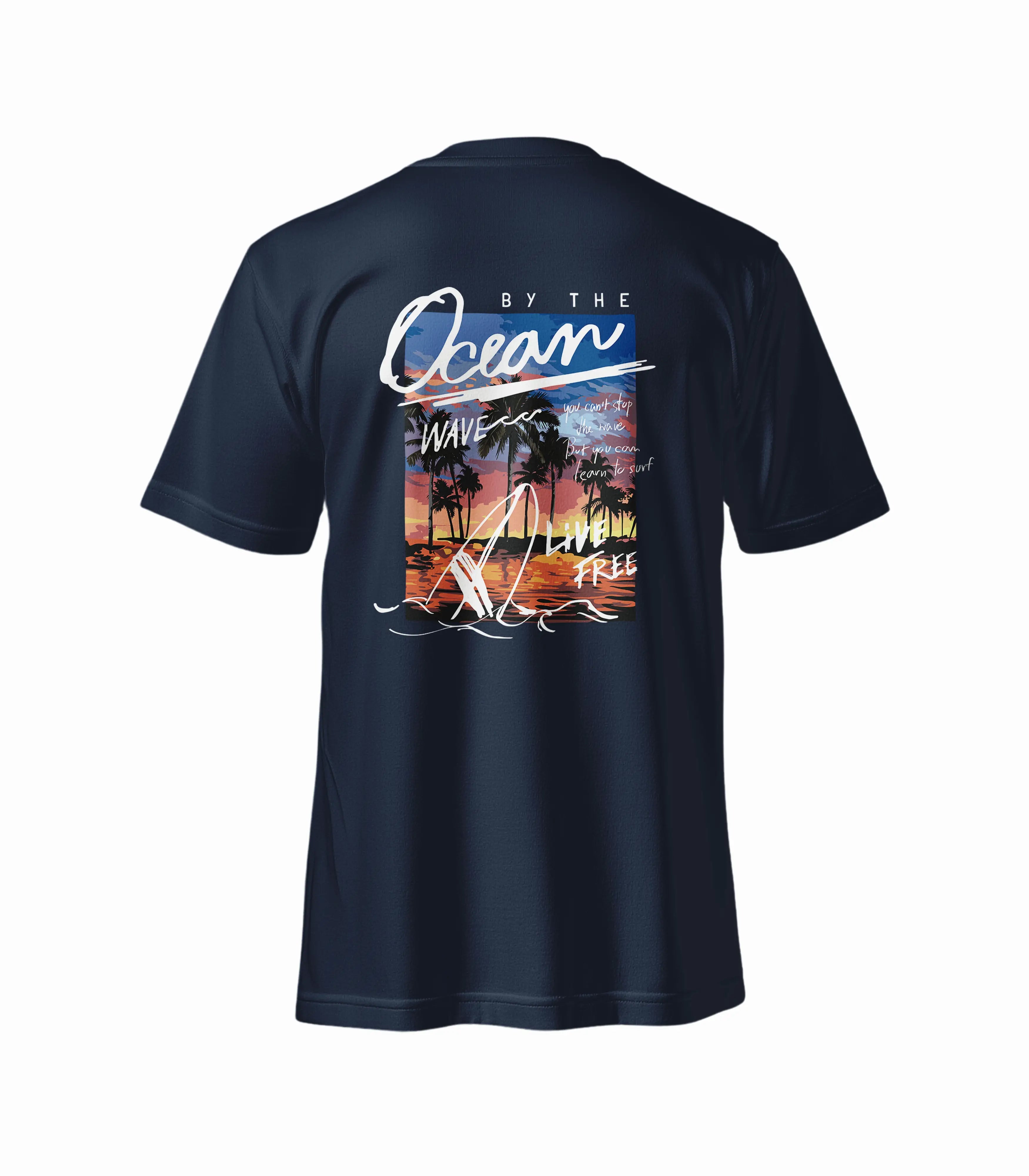 Navy blue t-shirt with a beach-themed graphic on the back, featuring palm trees and a sunset.