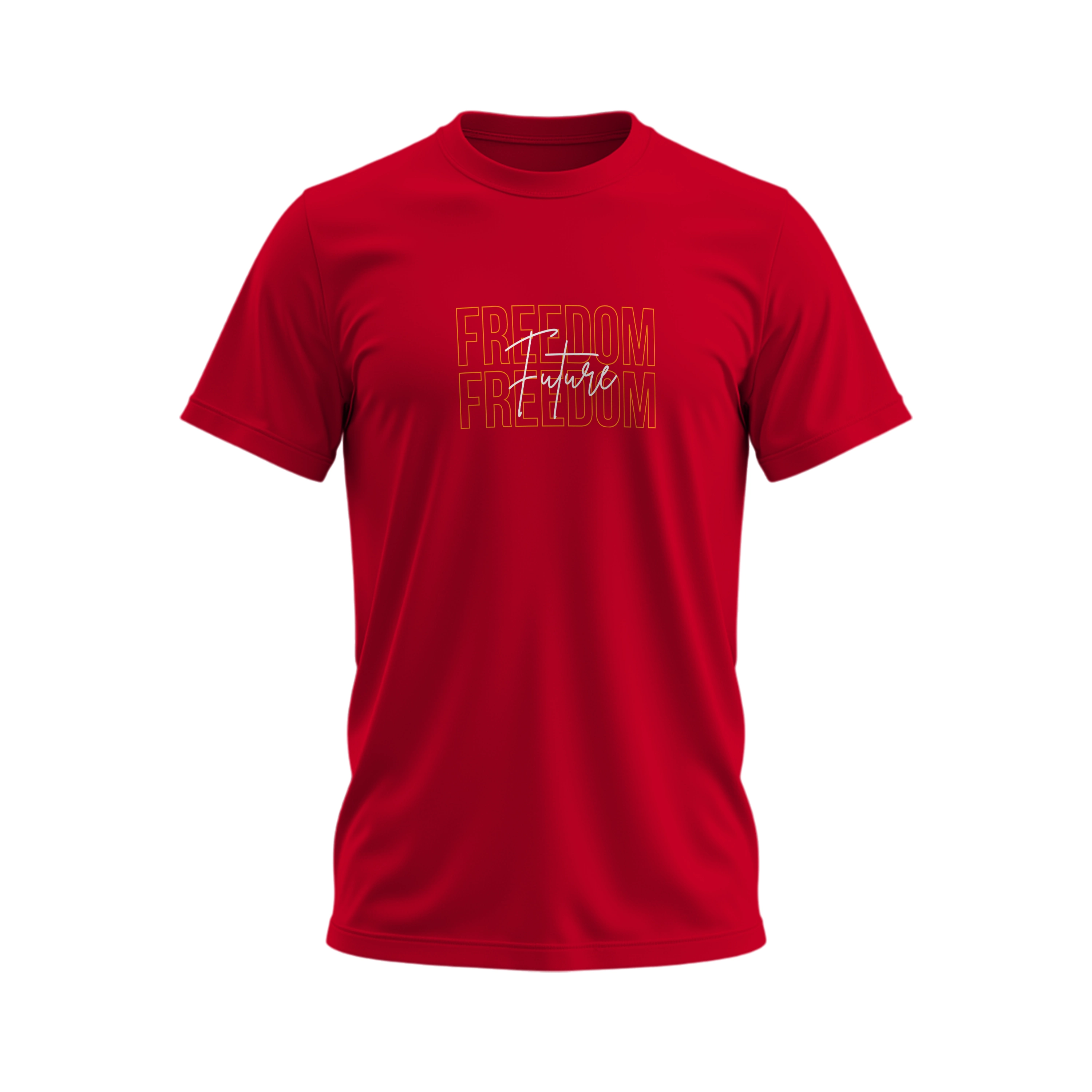 Red t-shirt with 'Freedom' text on a white background