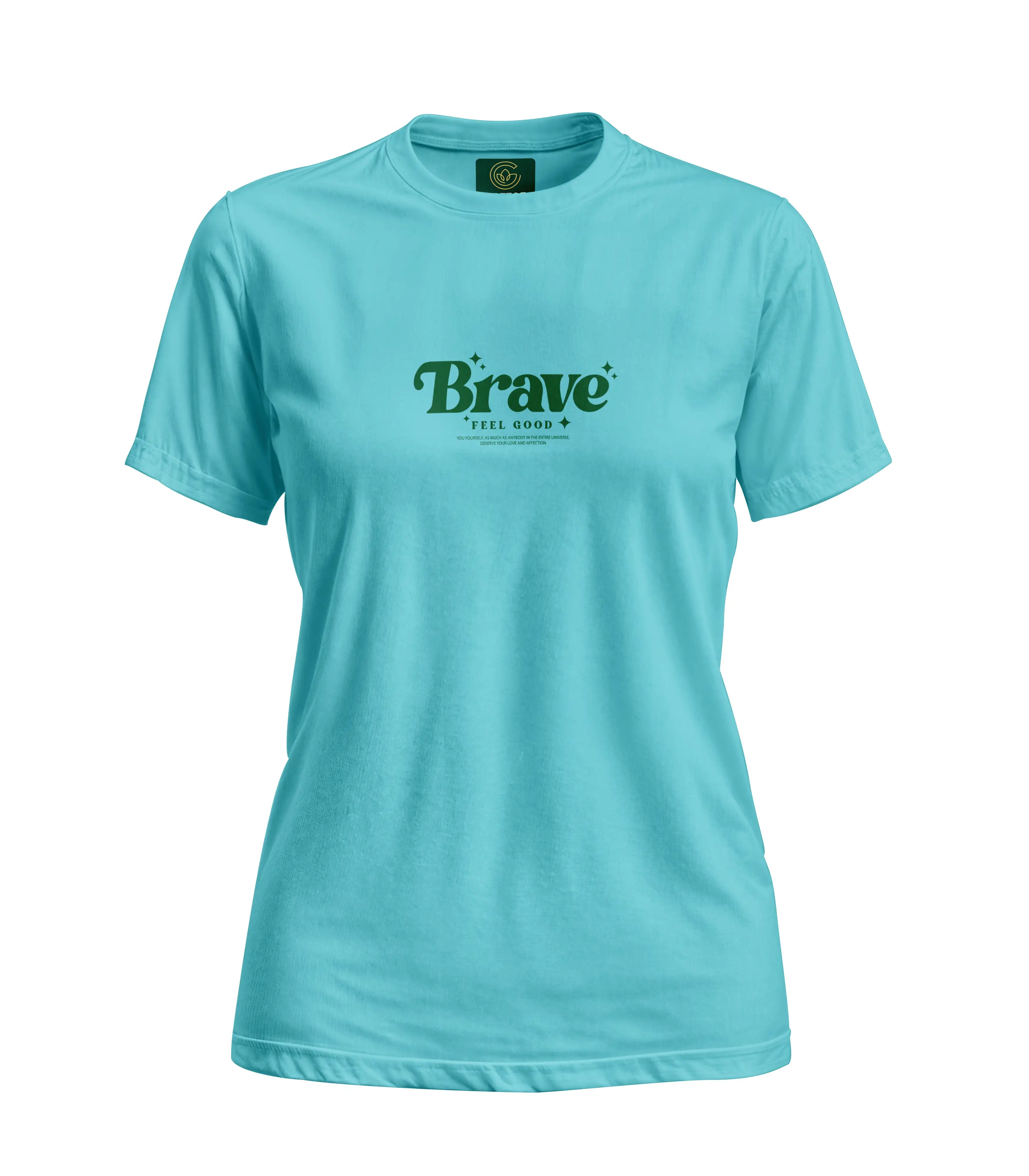 Turquoise t-shirt with 'Brave' logo on a white background