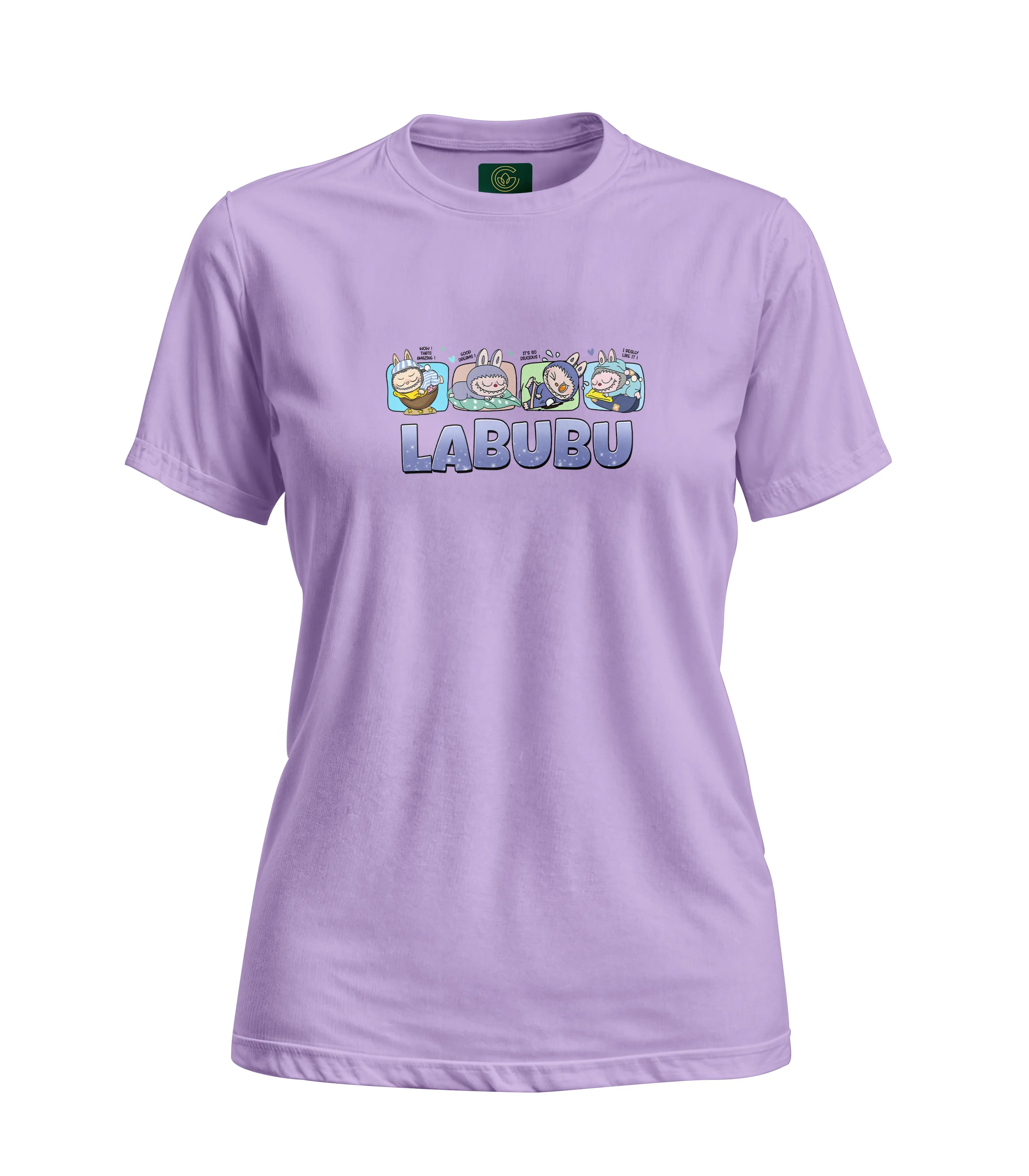Purple t-shirt with 'LABUBU' logo on a white background