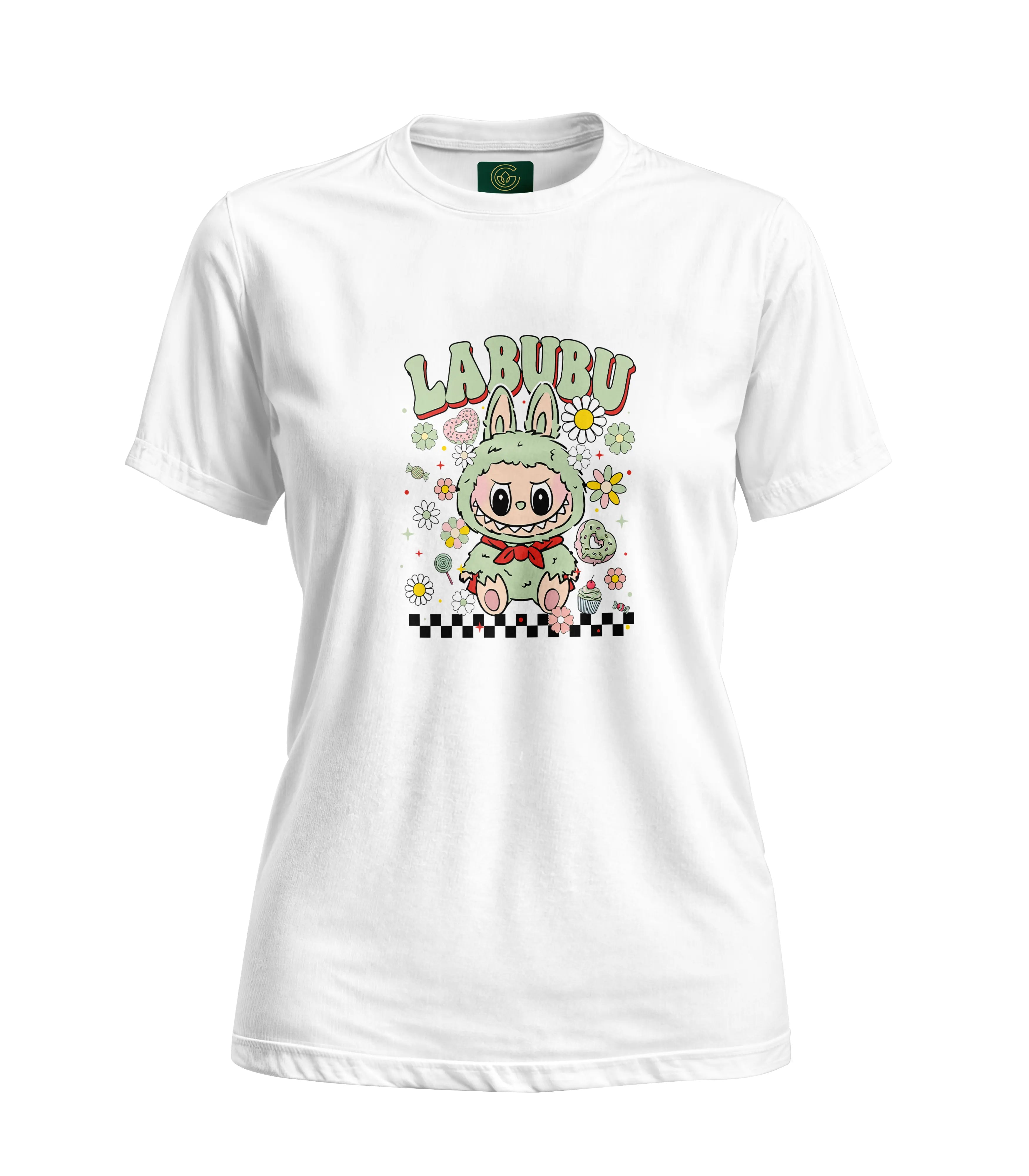 White t-shirt with cartoon character and 'LABUBU' branding on a white background