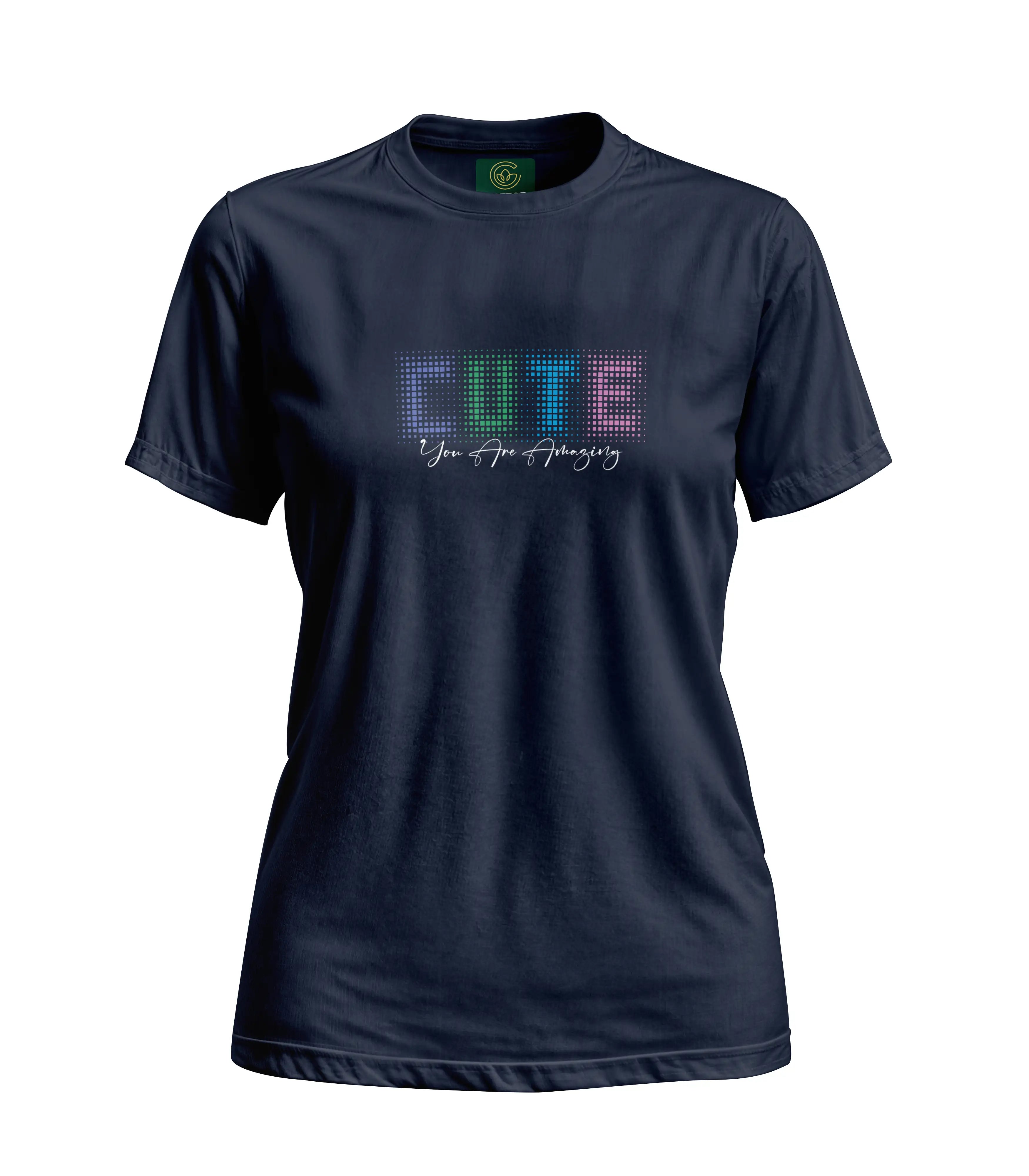 Navy blue t-shirt with colorful 'CUTE' text design on a white background