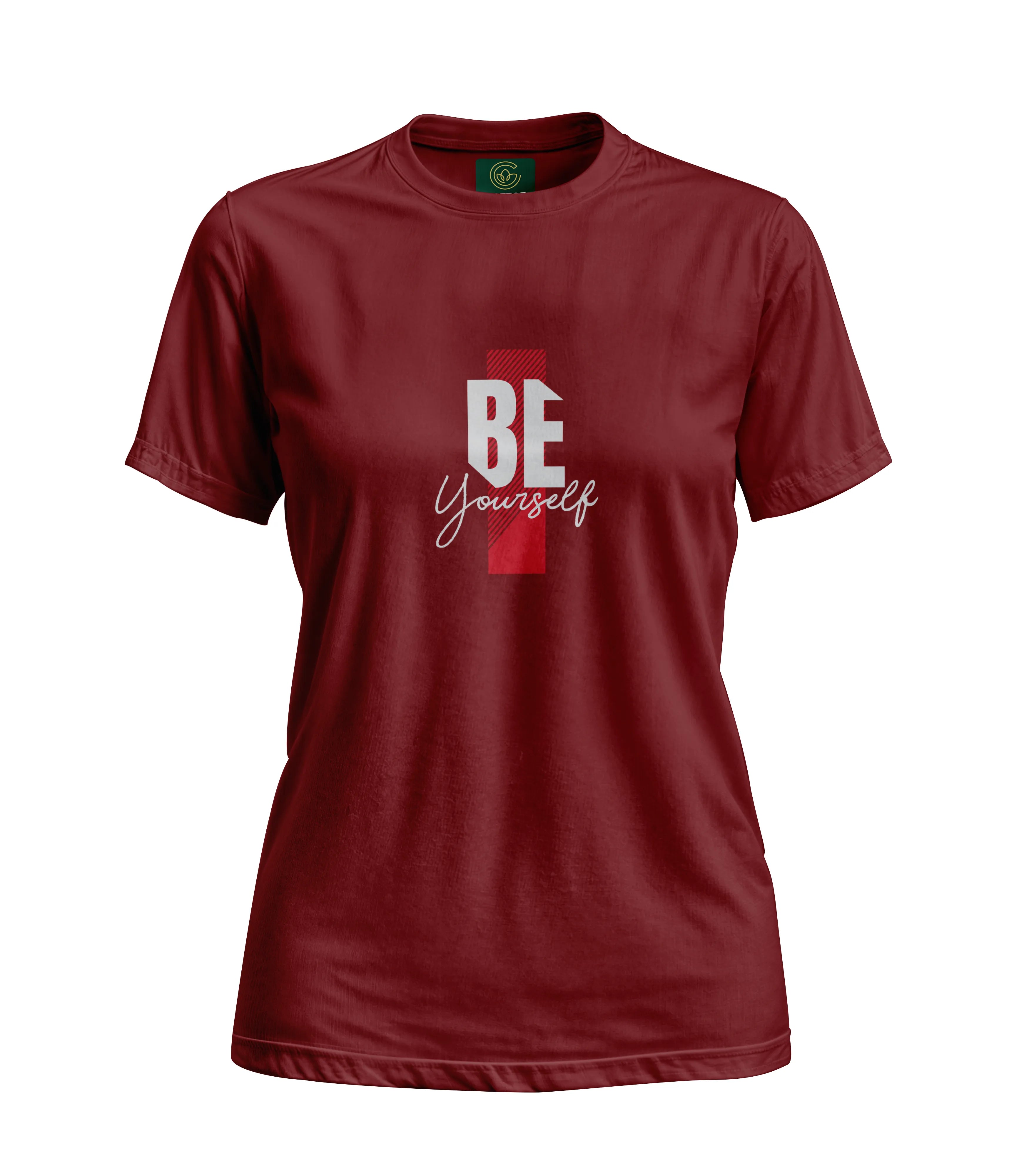 Maroon t-shirt with 'BE Yourself' text on a white background