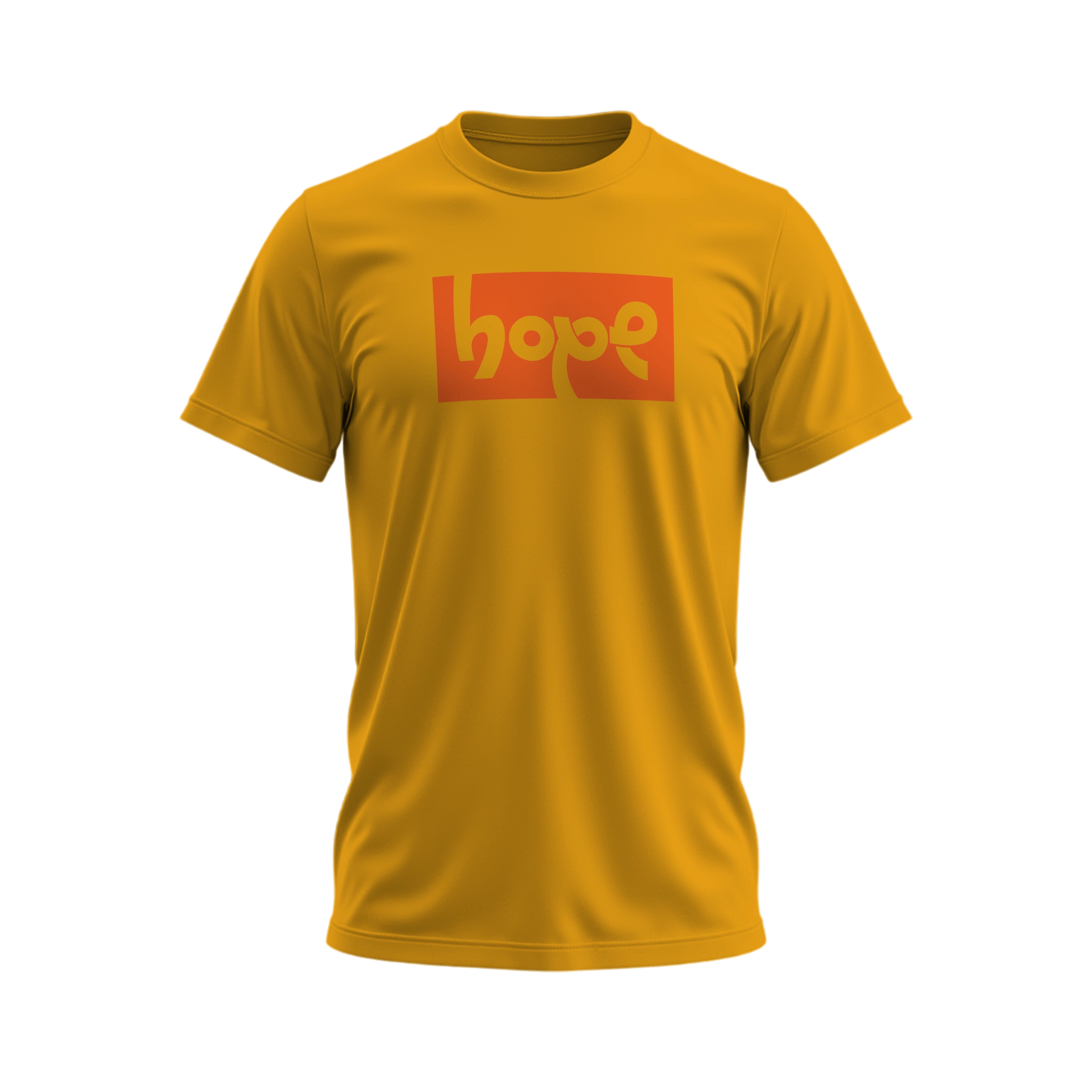 Yellow t-shirt with 'hope' printed in red on a white background