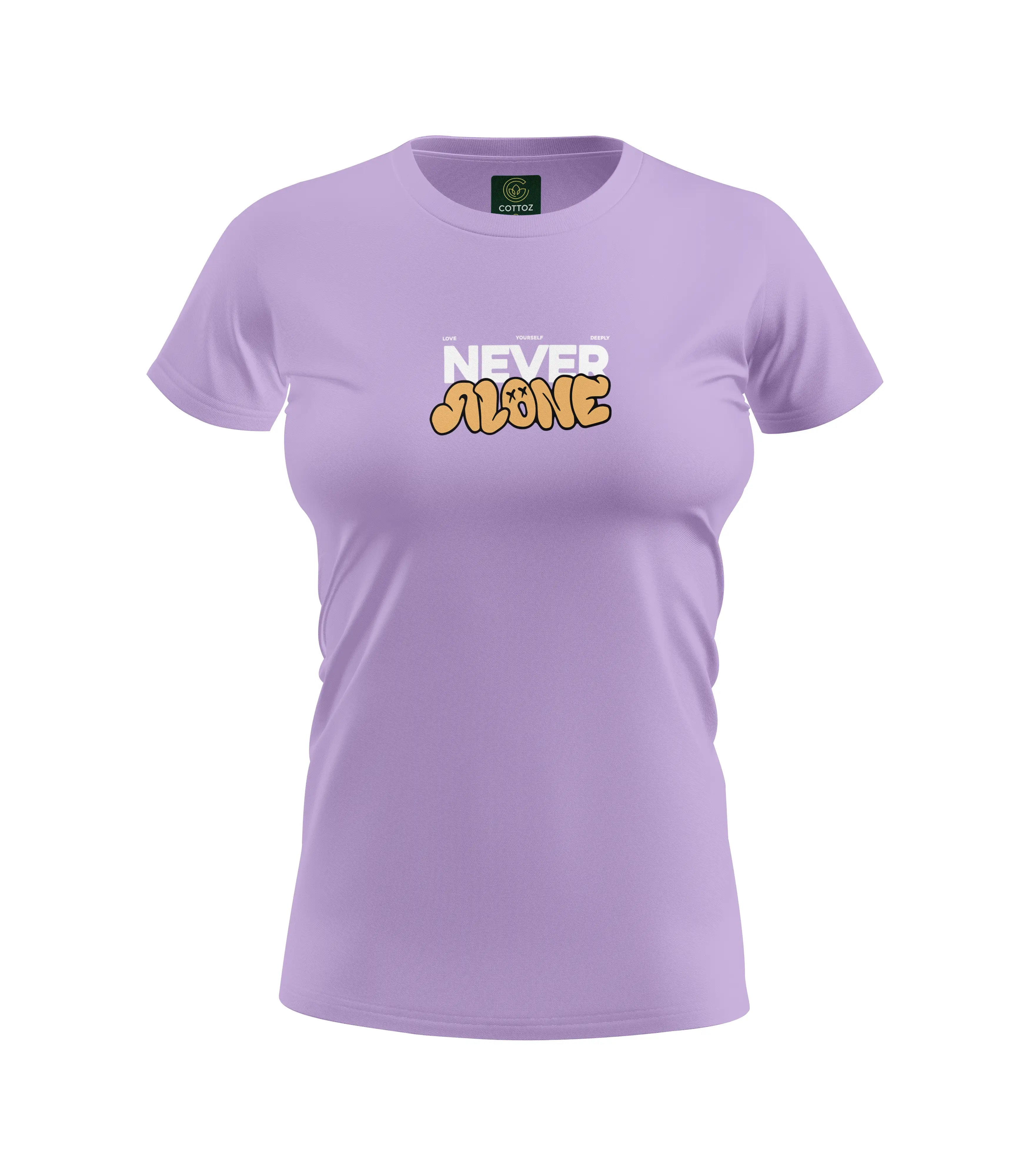 Purple t-shirt with 'NEVER ALONE' text on a white background