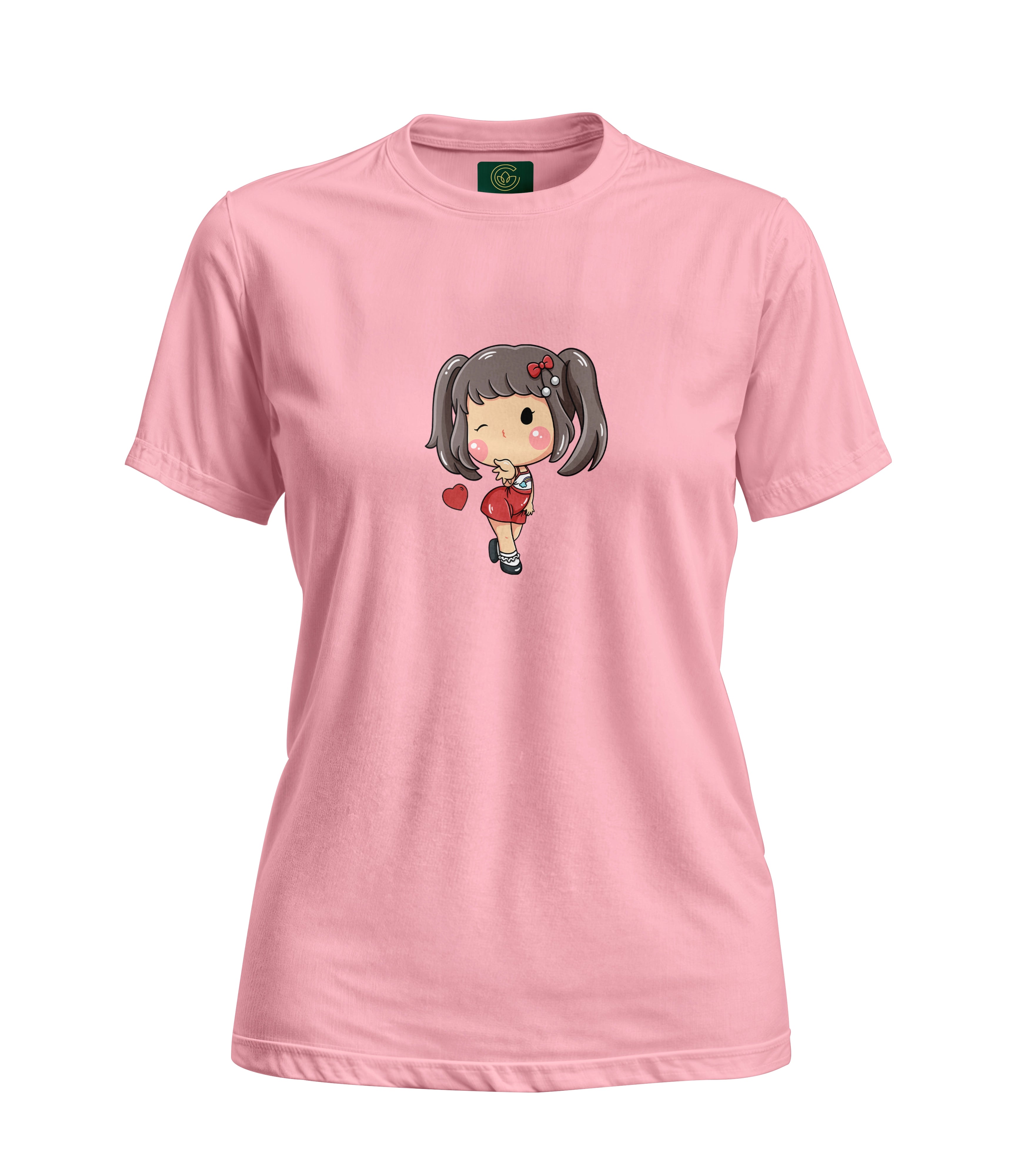 Pink t-shirt with a cartoon character on a white background
