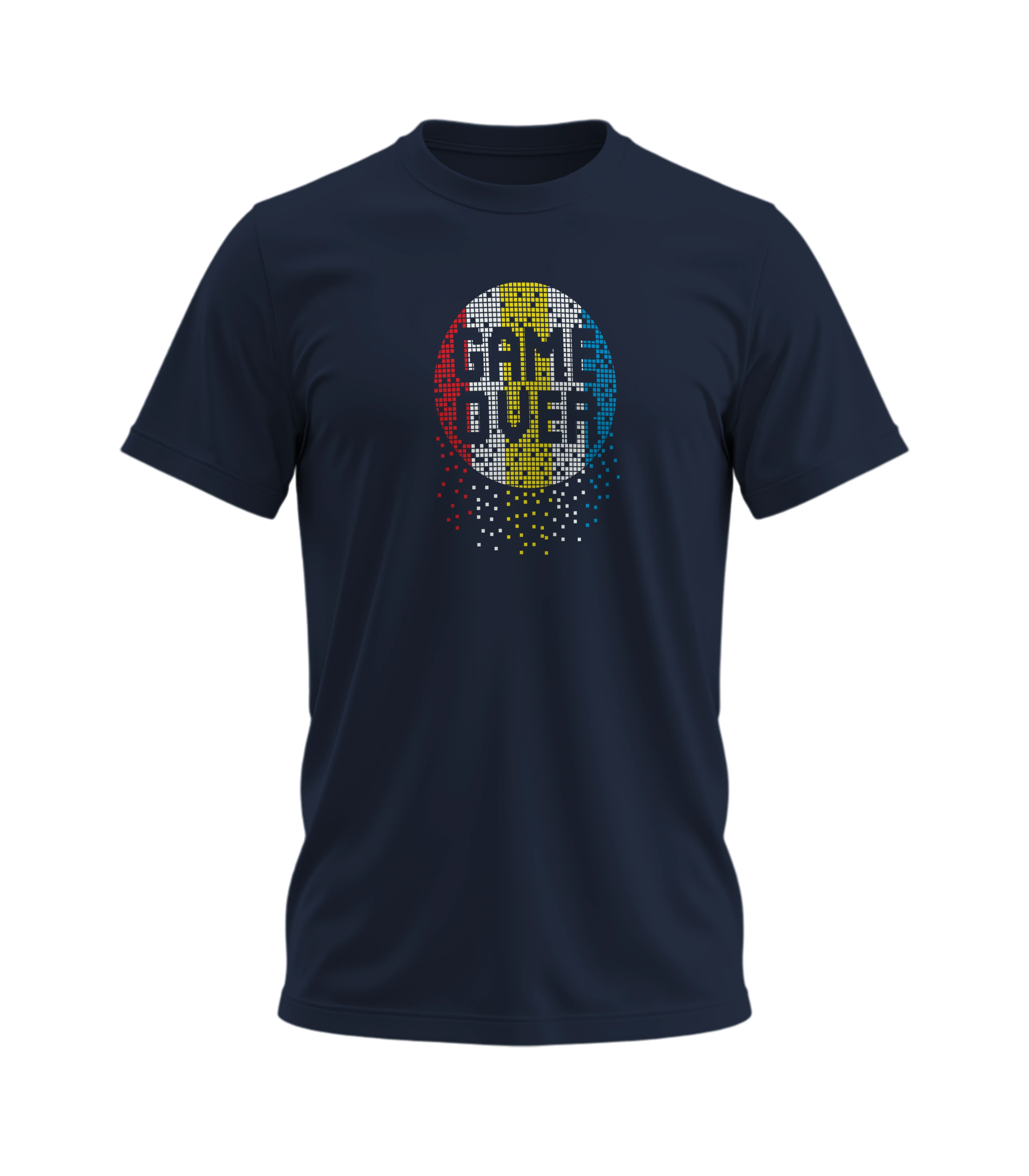 Navy blue t-shirt with 'GAME OVER' graphic design on a white background