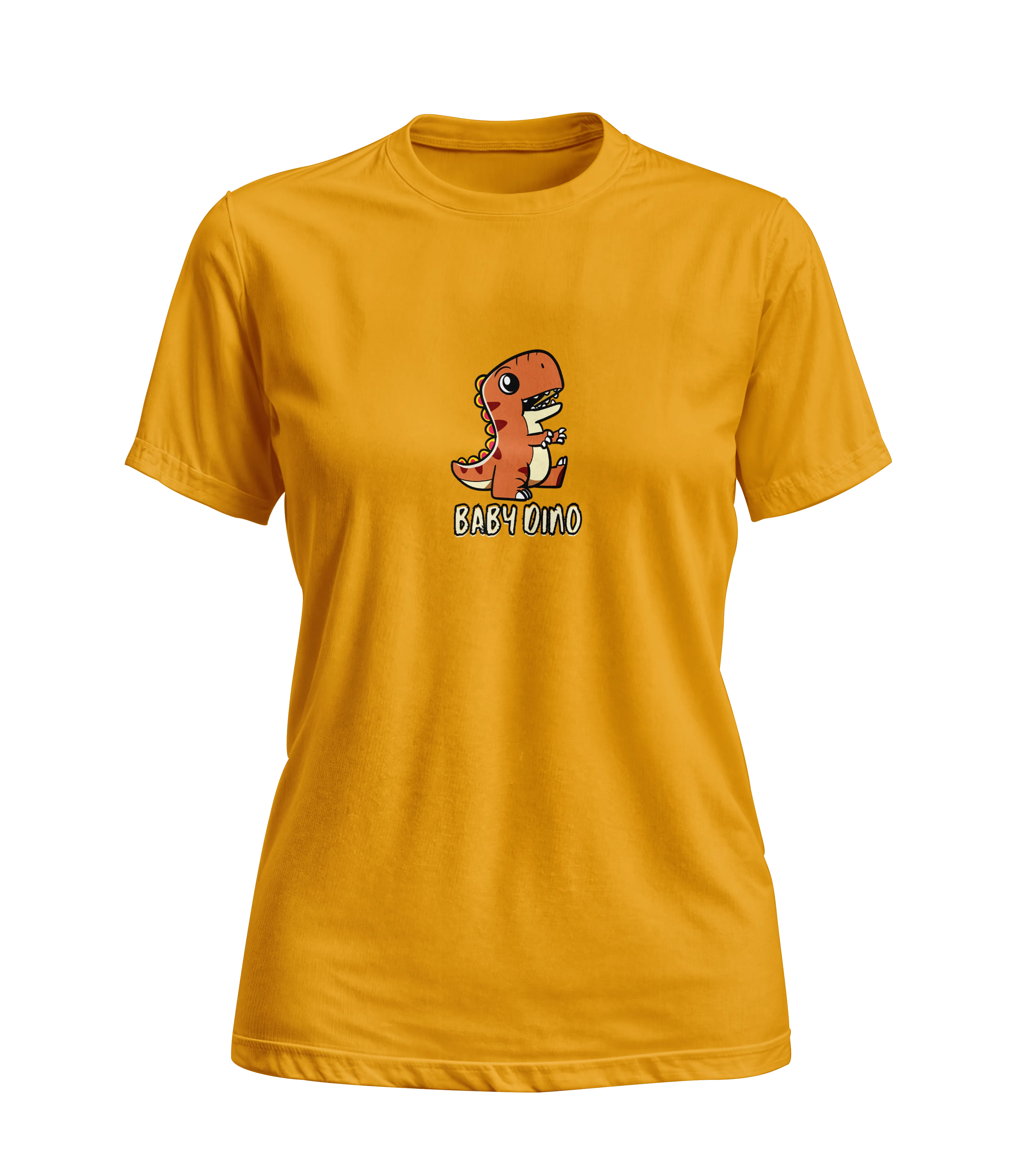 Yellow t-shirt with a dinosaur graphic and 'BABYTOHO' text on a white background
