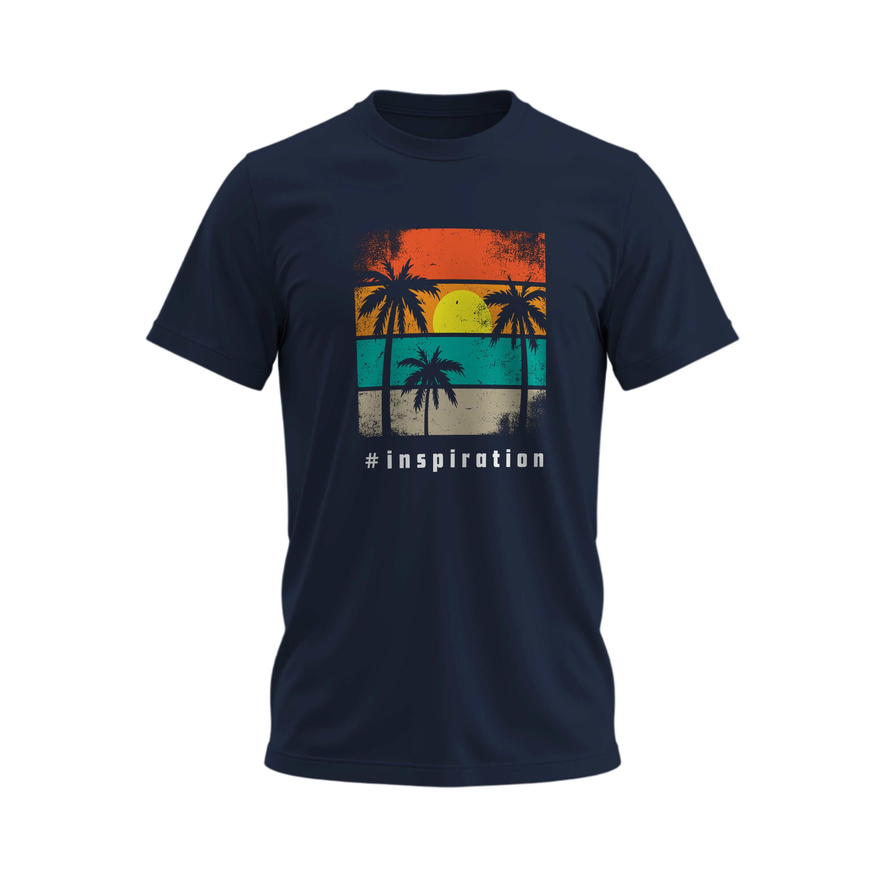 Navy blue t-shirt with tropical design and '#inspiration' text on a white background