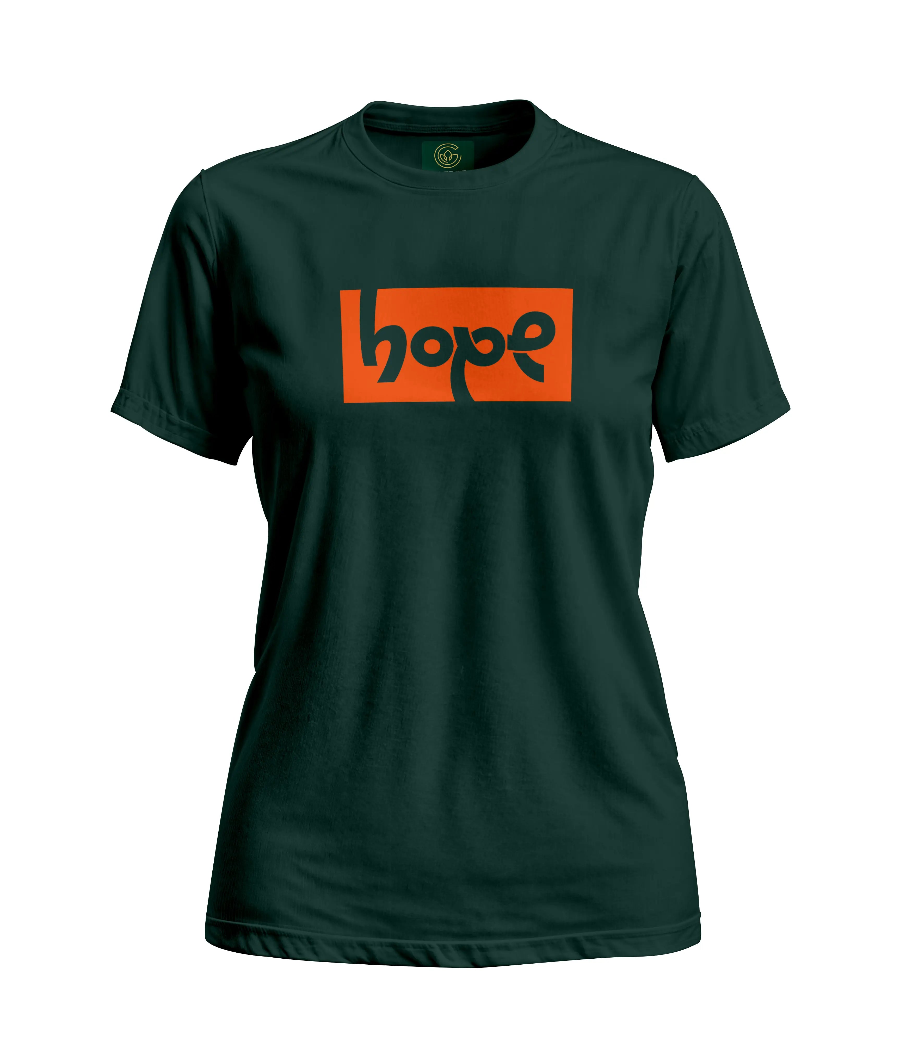 Green t-shirt with 'hope' in orange and black on a white background