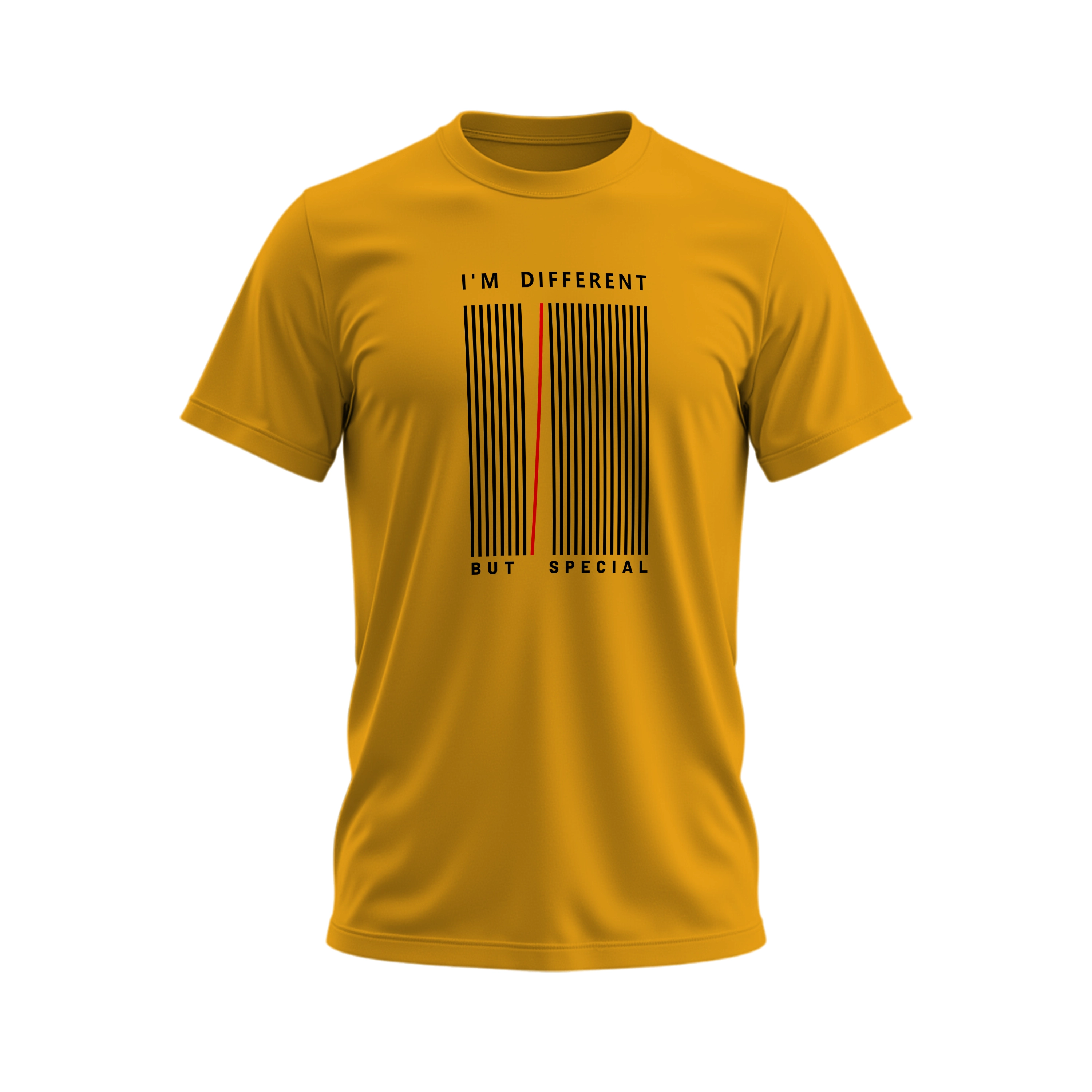Yellow t-shirt with a barcode design and text on a white background