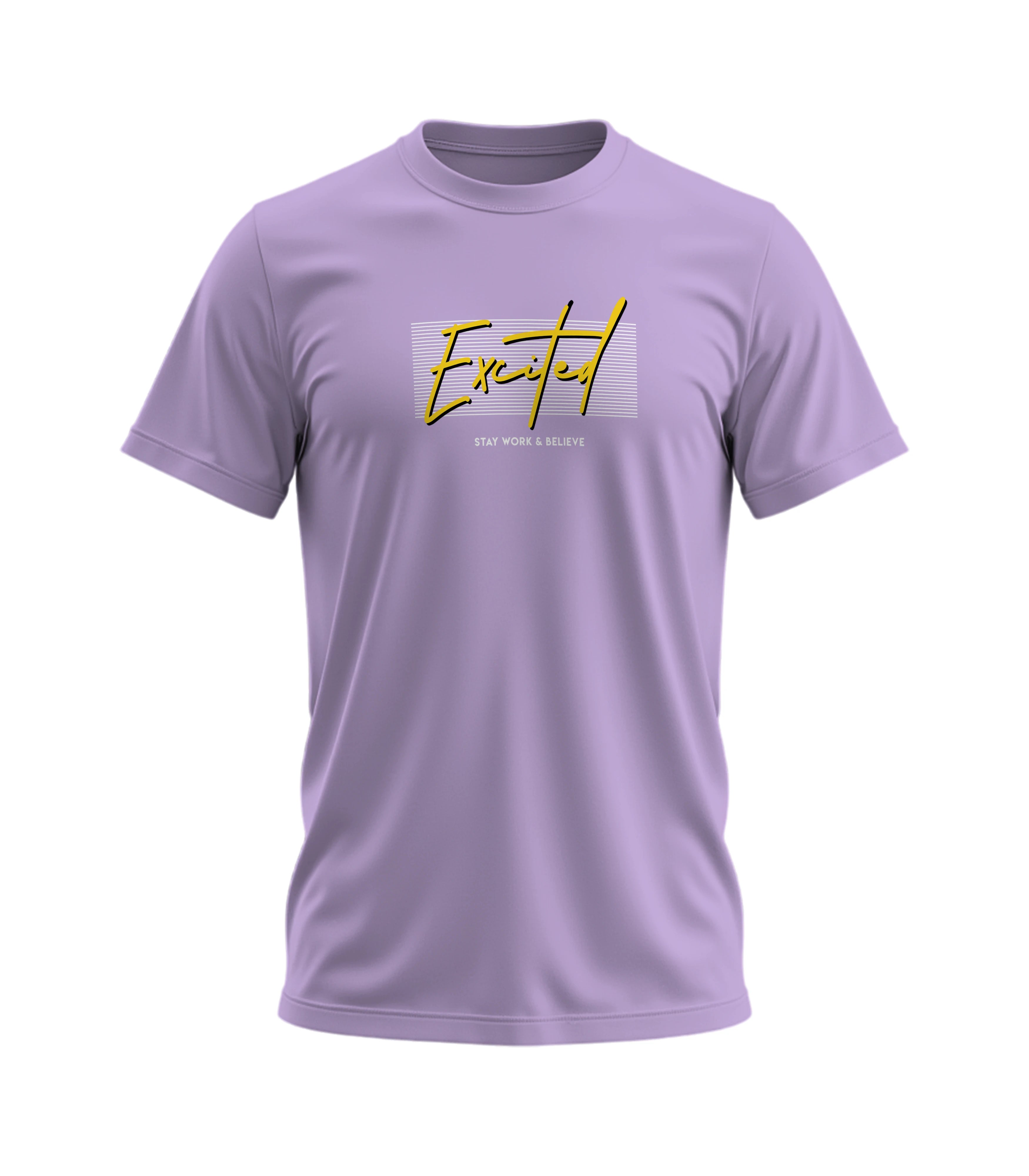 Purple t-shirt with yellow text on a white background