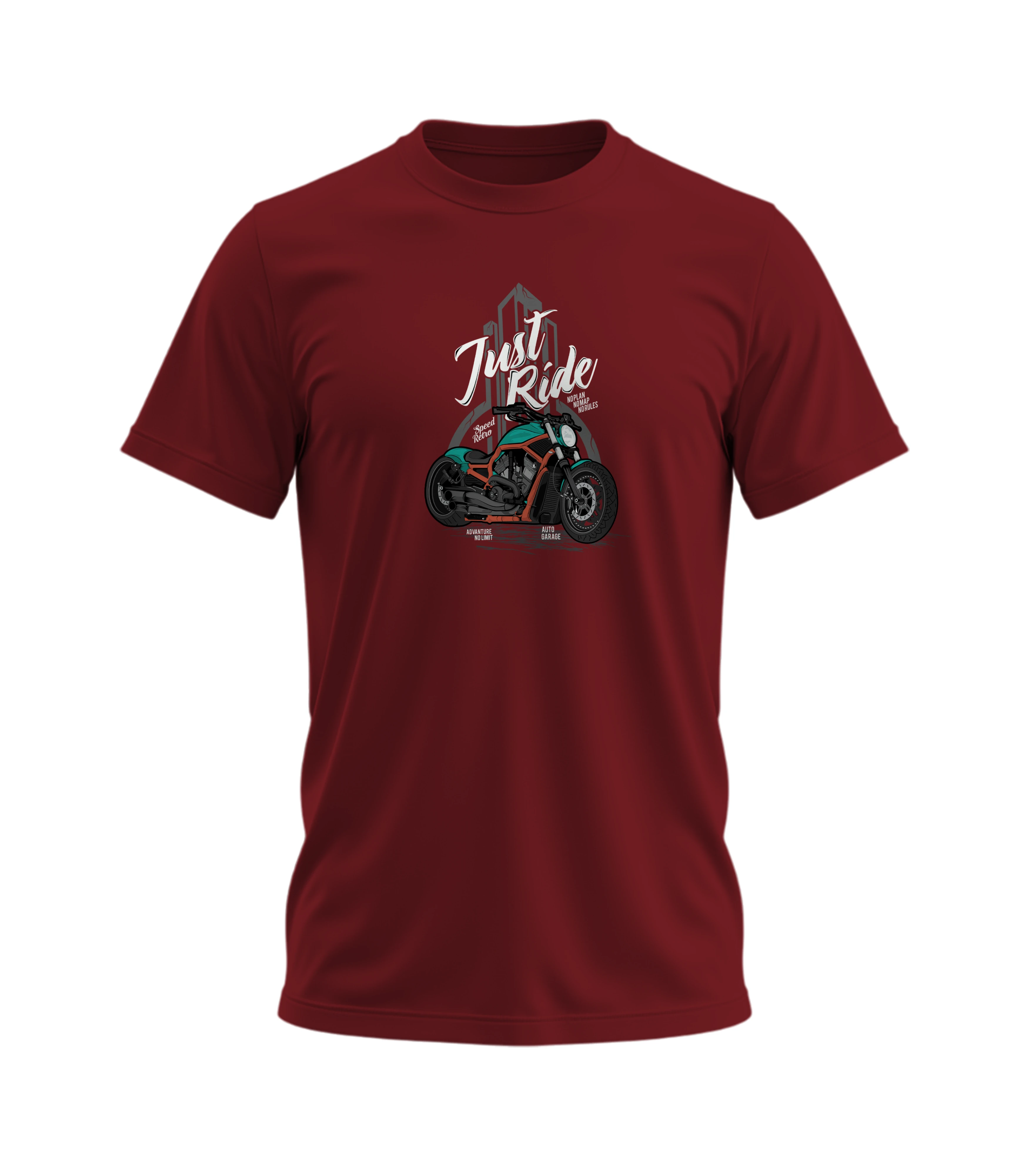 Maroon t-shirt with graphic design and text on a white background