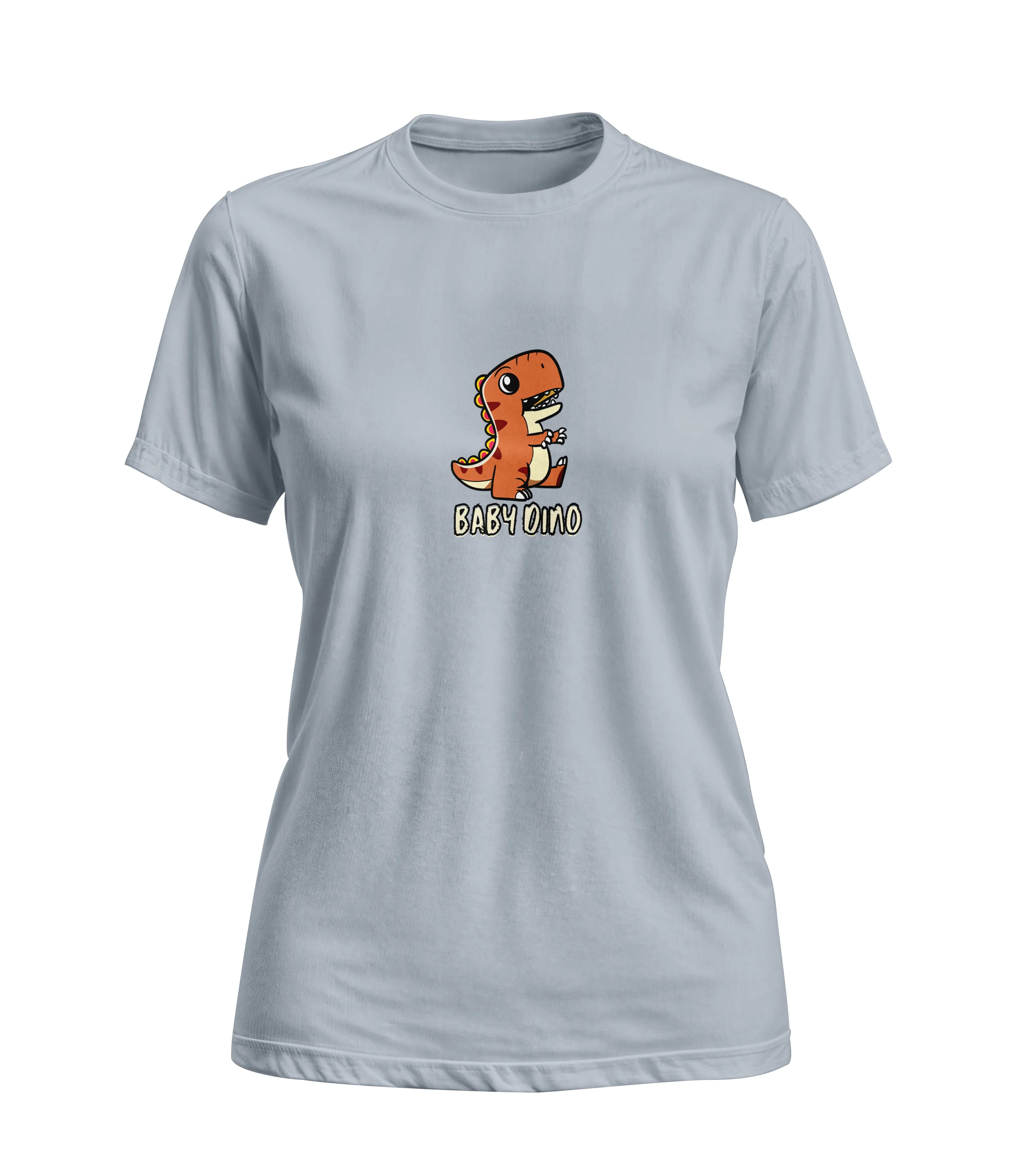 Gray t-shirt with a cartoon dinosaur graphic and 'BABYDINO' text on a white background