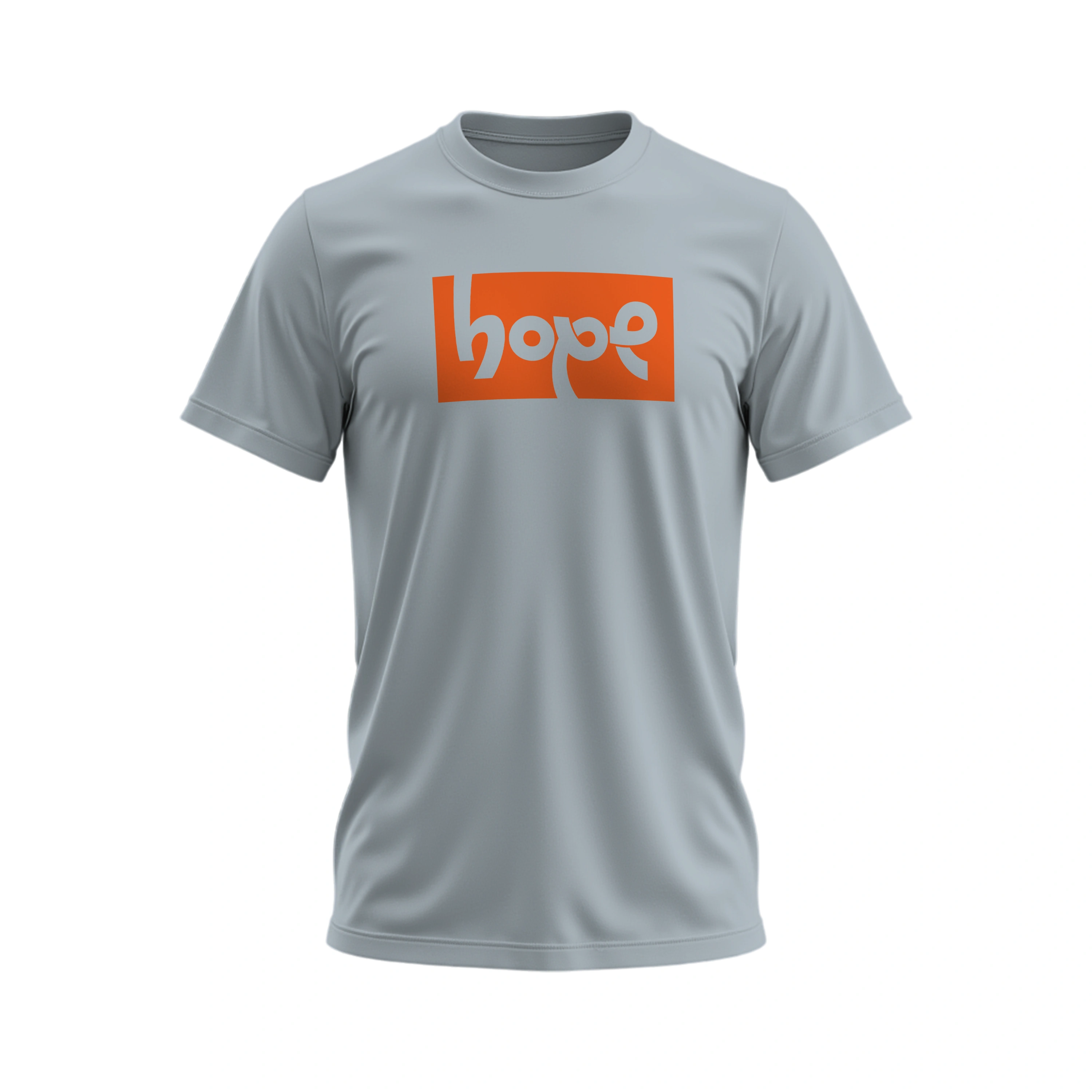 Gray t-shirt with an orange 'hope' logo on a white background