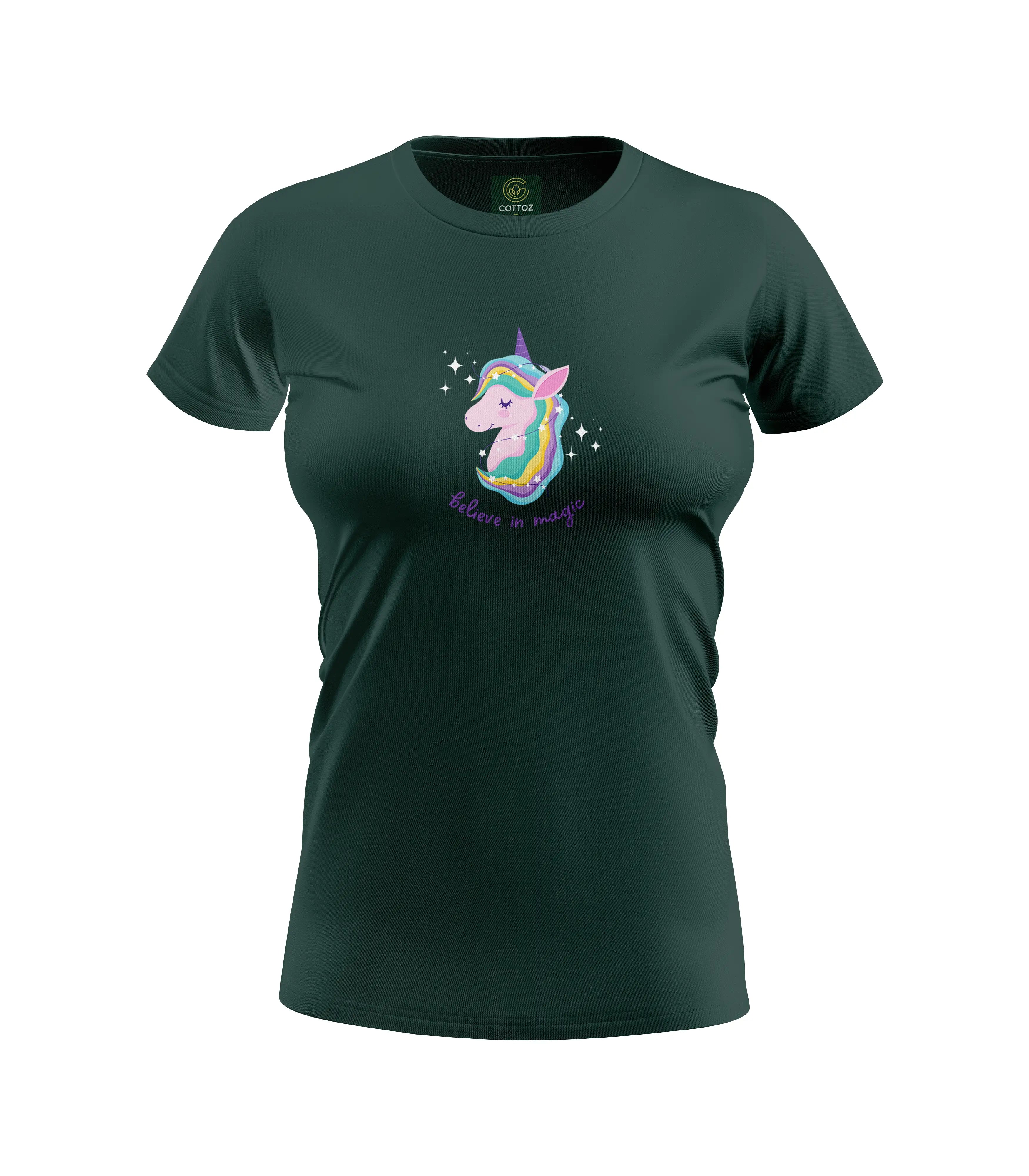 Dark green t-shirt with a unicorn graphic and text on a white background
