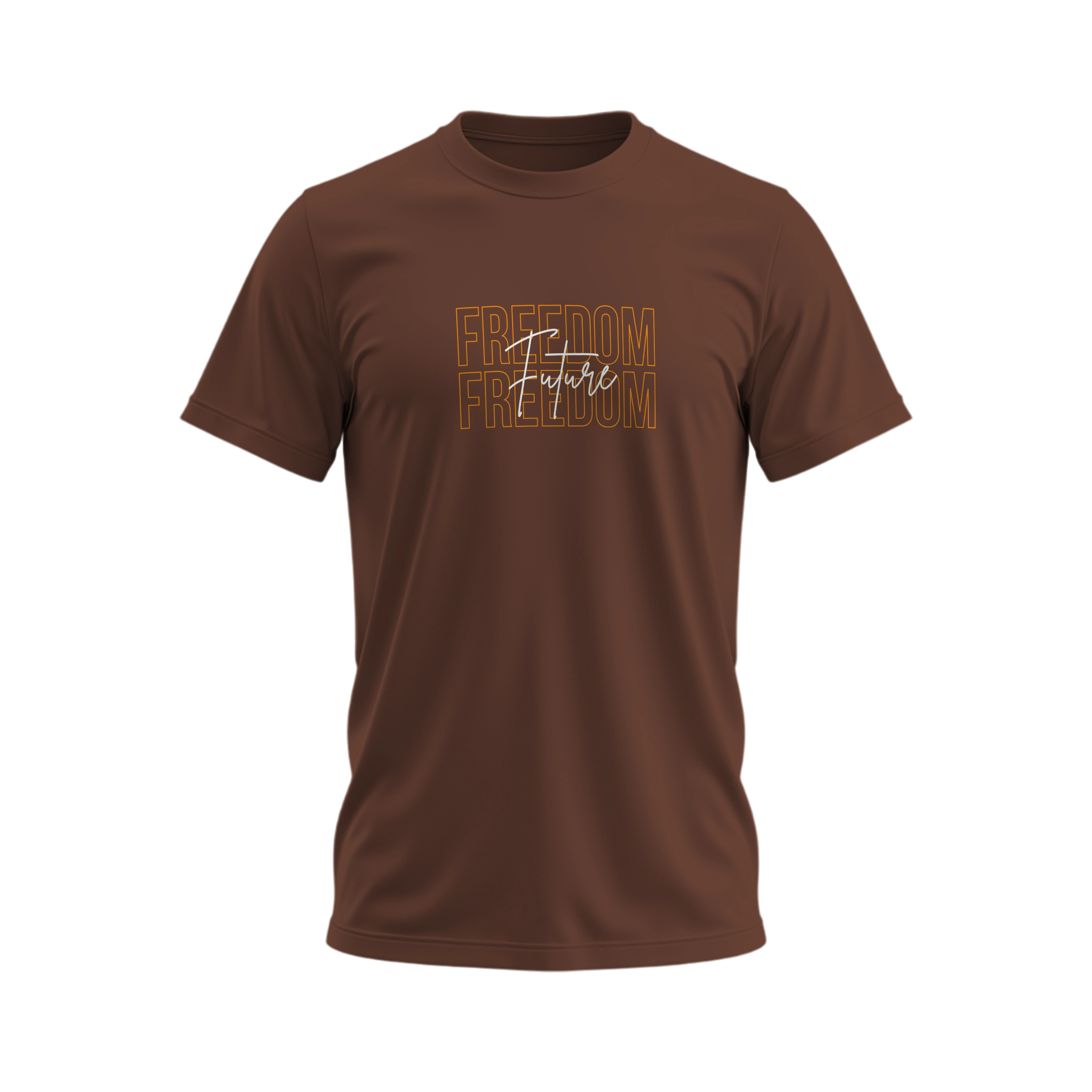 Brown t-shirt with 'Freedom' text design on a white background