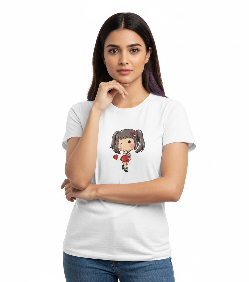 Woman wearing a white t-shirt with a cartoon character design on a white background