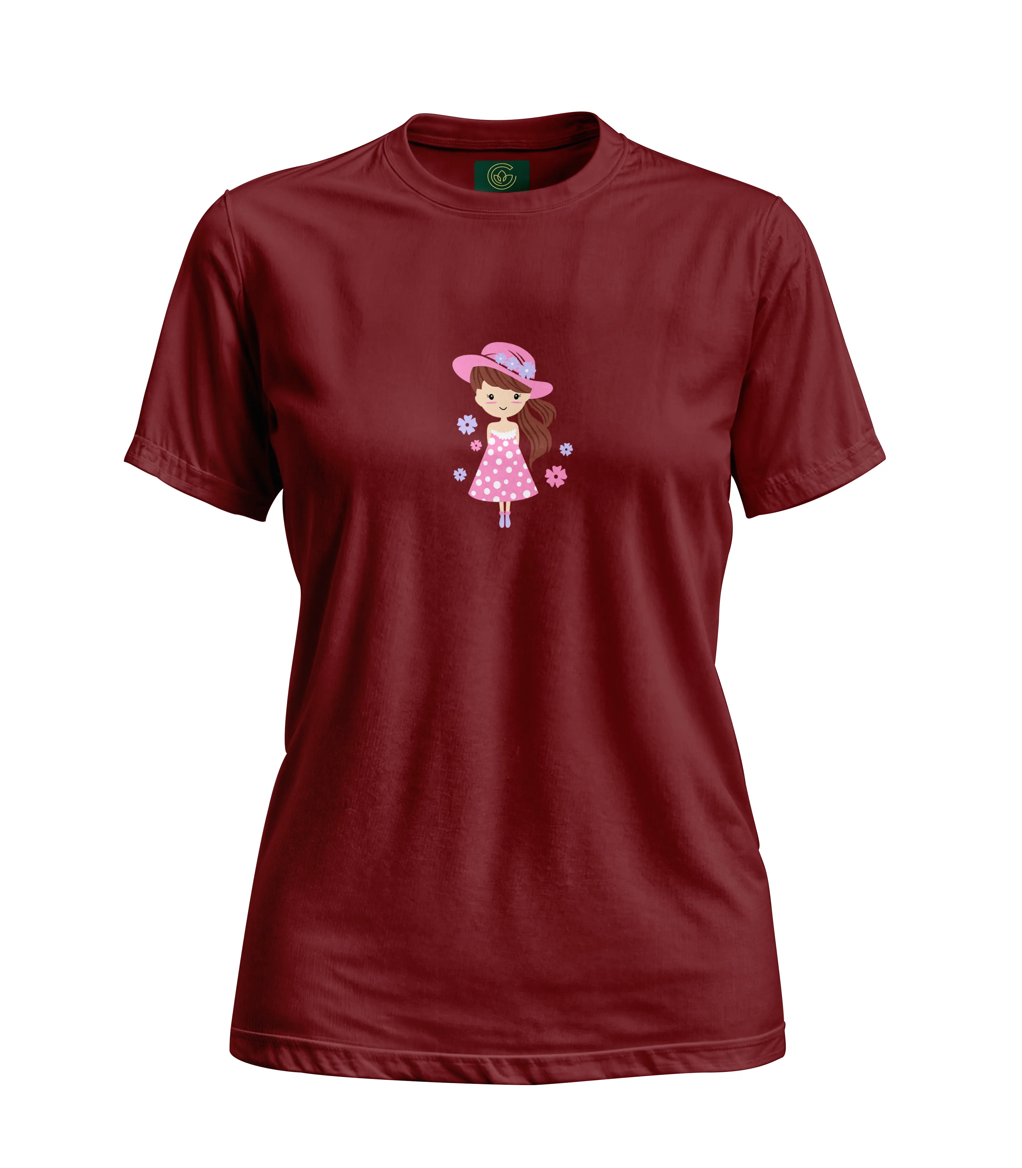 Maroon t-shirt with a cartoon character on a white background